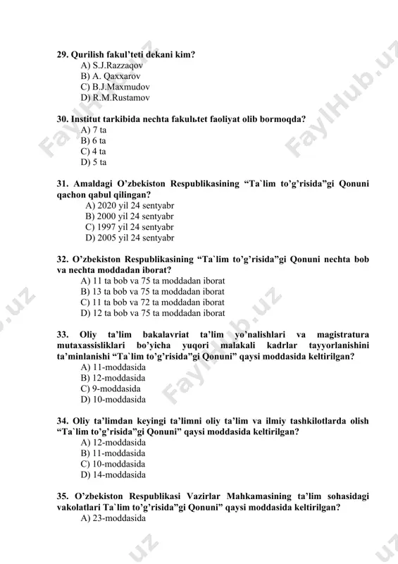 ning xalqaro standart klassifikatsiyasiga binoan ta’lim darajasi bakalavriat yo’nalishlarida nechchi raqami bilan belgilanadi? a) 6 raqam bilan b) 5 raqam bilan c) 8 raqam bilan d) 7 raqam bilan 50. ta’limning xalqaro standart klassifikatsiyasiga binoan ta’lim darajasi magistratura mutaxassisliklarida nechchi raqami bilan belgilanadi? a) 7 raqam bilan b) 5 raqam bilan c) 8 raqam bilan d) 6 raqam bilan 51. barcha turdagi auditoriya va auditoriyadan tashqari o’quv ishlarini o’z ichiga olgan o’quv yuklamasining hajmi bir o’quv yili hamda bir semestr uchun nechchi kredit qilib belgilanadi a) bir o’quv yili uchun 60 kredit, bir semestr uchun 30 kredit b) bir o’quv yili uchun 120 kredit, bir semestr uchun 60 kredit c) bir o’quv yili uchun 180 kredit, bir semestr uchun 90 kredit d) bir o’quv yili uchun 240 kredit, bir semestr uchun 120 kredit 52. bakalavriat ta’lim yo’nalishlari malaka amaliyotlariga qo’yiladigan umumiy talablar nimadan iborat? a) ta’lim oluvchilar kasbiy ko’nikmalarni mukammal …