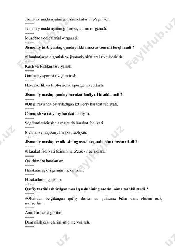t tezligi. ==== organizmdan ter ajralib chiqishi. ++++ jismoniy tarbiyada muntazamlilik tamoyili qanday vazifani hal etadi ? ==== jismoniy tarbiya jarayonida mashgʻulotlar muntazam ravishda oʻtkaziladi. ==== jismoniy tarbiya mashgʻulotlarida dam olishni taminlash. ==== jismoniy tarbiya mashgʻulotlarida shugʻullanivchilarning jismoniy rivojlanishi va qiziqishlarini inobatga olish. ==== #jismoniy tarbiya jarayonida mashgʻulotlarni samaradorligini oshirish va shugʻullanivchilarning jismoniy rivojlanishi va salomatligini taminlash. ++++ harakatlarga oʻrgatish jarayoni nechta bosqichdan iborat ? ==== #dastlabki oʻrgatish, chuqurroq oʻrgatish, mustahkamlash va takomillashtirish. ==== zamin yaratish va rivojlantirish. ==== tayyorlov, asosiy, yakunlovchi. ==== harakatning takomillashuvi natijasida harakatlarni avtomatlashuvini yuzaga kelishi. ++++ harakatning koʻnikma va malaka sifatida shakllanish bosqichlari qaysi javobda toʻgʻri berilgan ? ==== #qoʻzgʻalishning irradatsiya va kontsentratsiya hamda harakat sterotipi asosida harakat malakasining shakllanishi. ==== harakat bogʻlanishi va yaxlitlikni shakllanishi. ==== asosining shakllanishi, yaxlitlanishi, ekstropolyatsiyasi. ==== asosiy shakllanishi, yaxlitlanishi, malakani mustahkamlanishi. ++++ jismoniy tarbiya, sport nazariyasi va uslubiyati fani rivojlanishining birinchi davrining asosiy erishilgan yutuqlar nimalardan iborat ? ==== …
