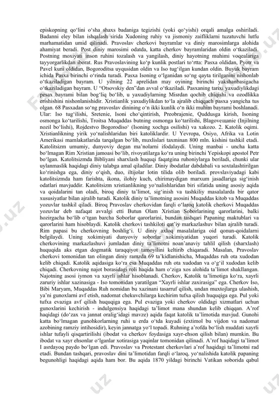 lik, jannat va do‘zax, oxiratda go‘yo dunyoning oxiriga borish, isoning qaytishi haqida va boshqa aqidalarni o‘z ichiga oladi. xristian jamoasining shakllanishi, uning aqidalarini tartibga solinishi, cherkov munosabatlarining ishlab chiqilishi, diniy tabaqalar tuzumining vujudga kelishi eramizning iv asr boshlarida 324 yili xristianlik rim imperiyasida davlat dini deb e’lon qilinganidan so‘ng amalga oshdi. 325 yili tarixda birinchi marta rim imperatori litsiniya imperiya hududidagi xristian jamoalarini o‘zaro kelishtirish va tartibga solish maqsadida nikey shaxrida i butun olam xristian soborini chaqirdi. 381 yili konstantinopolda ii butun olam xristian sobori bo‘lib o‘tdi. bu soborlarda xristianlik ta’limotining asoslari qabul qilindi va bu asoslar 12 qismda ifodalandi. birinchi qismda olamni yaratgan xudo haqida so‘z yuritiladi. ikkinchi qismda xudoning o‘g‘li isus xristosga imon keltirish haqida so‘z boradi. uchinchi qismda ilohiy mujassamlashuv haqida so‘z yuritilib, unga ko‘ra, iso xudo bo‘la turib, bokira bibi maryamdan tug‘ilgan va inson qiyofasiga kirgan. to‘rtinchi qismda isoning azob-uqubatlari va o‘limi haqida so‘z ketadi. bu …