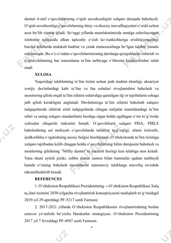 ashkil etilgan. har besh yilda o‘tkaziladigan pirls dasturi 4-sinf o‘quvchilarining o‘qish savodxonligini xalqaro darajada baholaydi. o‘qish savodxonligi o‘quvchilarning ilmiy va shaxsiy muvaffaqiyatini o‘sishi uchun asos bo‘lib xizmat qiladi. so‘nggi yillarda mamlakatimizda amalga oshirilayotgan islohotlar natijasida ulkan iqtisodiy o‘sish ko‘rsatkichlariga erishilayotganligi barcha sohalarda malakali kadrlar va yetuk mutaxassilarga bo‘lgan talabni yanada oshirmoqda. bu o‘z-o‘zidan o‘quvchilarimizning darslarga qiziqishlarini oshirish va o‘qituvchilarning har tomonlama ta’lim tarbiyaga e’tiborini kuchaytirishni talab etadi. xulosa yuqoridagi talablarning ta’lim tizimi uchun juda muhim ekanligi, aksariyat xorijiy davlatlardagi kabi ta’lim va fan sohalari rivojlanishini baholash va monitoring qilish orqali ta’lim sifatini oshirishga qaratilgan ilg‘or tajribalarni sohaga jalb qilish kerakligini anglatadi. davlatimizga ta’lim sifatini baholash xalqaro tadqiqotlarida ishtirok etish tadqiqotlarda olingan natijalar mamlakatdagi ta’lim sifati va uning xalqaro standartlarni hisobga olgan holda egallagan o‘rni to‘g‘risida xulosalar chiqarish imkonini bеradi. o`quvchilarni xalqaro pisa, pirls baholashning asl mohiyati o‘quvchilarda tafakkur uyg`oqligi, ularni ixtirochi, ijodkorlikka o`rgatishning asosiy belgisi hisoblanadi. o‘zbekistonda ta’lim tizimiga xalqaro …