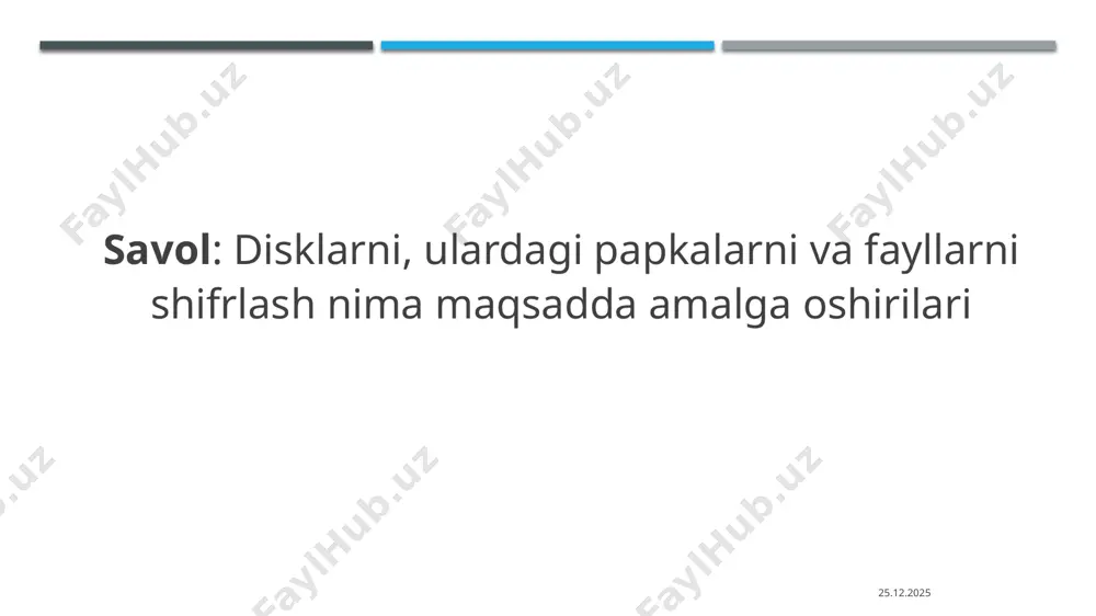 shqa ruxsatsiz foydalanuvchilarning qo’liga tuchib qilishini oldini olish maqsadida ma’lumotlarni yo’q qilish zarurati bo’lganda va boshqa xolatlarda ma’lumotlarni xavfsiz o’chirish usullarini qo’llash lozim. ma’lumotlarni yo’q qilish nima degani ma’lumotlarni yo'q qilish ularni qayta tiklab bo'lmaydigan darajaga olib kelinishini nazarda tutadi nazarda tutadi. bunga tasodifiy belgilar bilan qayta yozish yoki xotira qurilmasini jismoniy yo'q qilish orqali erishish mumkin. maqsad – ma’lumotlarni qayta tiklanishni imkonsiz qilish. faylni o'chirib tashlaganingizda, u “chiqindilar qutisiga” o'tadi, ya'ni klaviaturadagi "delate" tugmasini bosganingizda, fayl shunchaki o'chirilgan deb belgilanadi va "chiqindilar qutisi" katalogida ushbu faylga yorliq paydo bo'ladi. odatda, windows operatsion tizimining istalgan versiyasini o'rnatilganda "chiqindilar qutisi" katalogi yoqilgan bo'lib, u tizimga ulangan har bir diskda (c,d,g,h) yoqiladi. chiqindi qutisini o'chirish uchun ish stolingizdagi “chiqindi qutisi” belgisini o'ng tugmasini bosing va "свойства" ni tanlanadi. keyin, ro'yxatdan kerakli diskni tanlash va "удалять файлы сразу после удаления, не помещая их в корзину" katagiga belgi qo'ying va "применить" tugmasini bosiladi. windows …