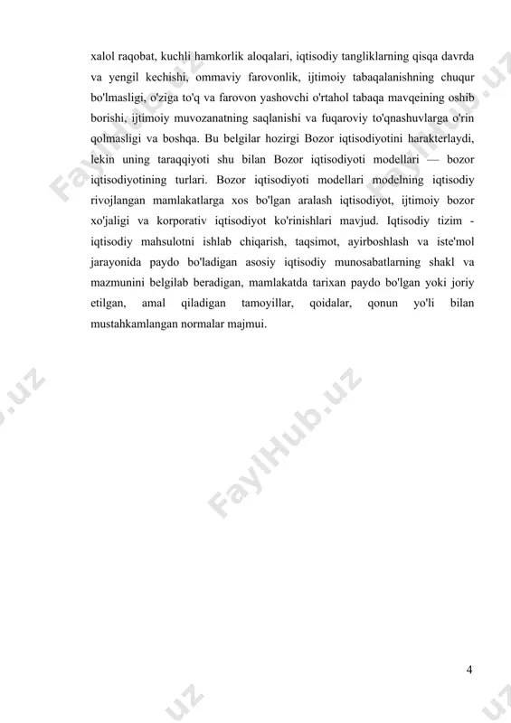 ligi ta'kidlab o`tilgan. a.smitning fikricha xususiy tovar ishlab chiqaruvchilar bozori davlat nazoaratidan to`liq ozod bo`lishi zarur. ana shundagina ishlab chiqaruvchilar iste'molchilar talabiga mos ravishda ishlab chikarishni tashkil qilish imkoniga ega bo`ladi. bunda bozor vositasida tartibga solish, har qanday chetdan aralashishsiz ishlab chiqaruvchilarni butun jamiyat manfaatlari uchun harakat kilishga majbur kiladi.a.smit davlatning iqtisodiy jarayonlariga har qanday aralashuvi oxir oqibatda faqat vaziyatni yomonlashtiradi deb xisoblaydi. masalan, davlat tomonidan belgilangan tashqi savdo tartib -qoidalari milliy iste'molchilarga faqat zarar keltirishi mumkin. haqiqatdan ham importga boj to`lovi (poshlinasi) milliy ishlab chiqaruvchilarga ustunlik berib, ularning chet el sheriklariga nisbatan raqobatlashuv qobiliyatini oshiradi. ammo bu oxir oqibatda ishlab chiqarishning ancha yuqori xarajatlari va past sifatini saqlab qolishiga olib keladi. bunda past sifatli va narxi qimmat tovarlarni sotib olishga majbur bo`lgan milliy iste'molchilar yutqazadi.[footnoteref:2] [2: ] urushdan keyingi davrda keyns nazariyasidagi ko`rsatmalar u yoki bu darajada bozor iqtisodi amalda ustun bo`lgan barcha mamlakatlarda foydalaniladi. shu bilan birga davlatning …