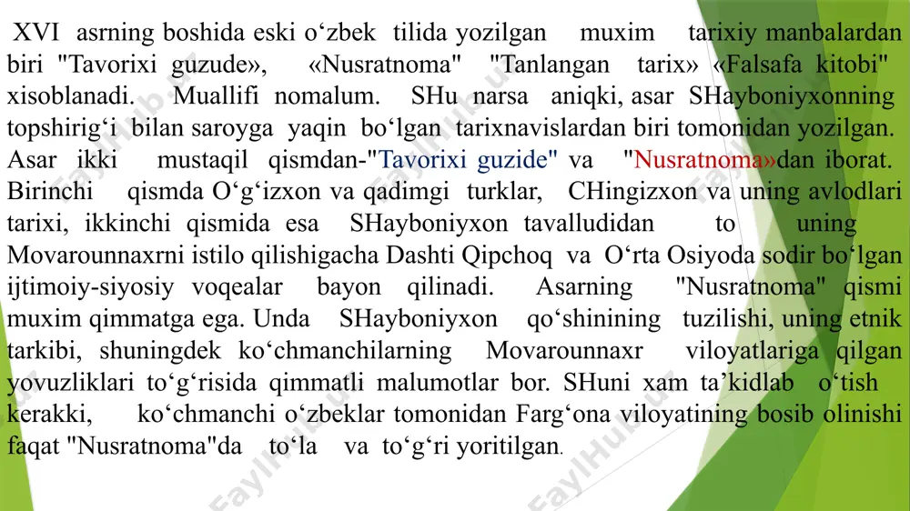 hi xaqida baxs yuritadi. "shajarayi turk" ("shajaraiy turk va mug‘ul" deb xam ataladi») kitobi esa muqaddima va 9 bobdan iborat. abulg‘oziy asarning 7, 8 va 9-bobning bir qismini yozib ulgurgan, xolos. 1-6-boblar va 9-bobning davomi (1644-1664 yillar voqealari) anushaxonning topshirig‘i bilan maxmud ibn mulla muxammad urganjiy ismli ulamo tarafidan yozilgan. muallif o‘z kitobini tarif etishda chingizxon va uning avlodlari tarixiga bag‘ishlangan 18 ta asardan foydalanganligini aytib, ulardan sharafuddin ali yazdiyning "muqaddimayi zafarnoma" va rashiduddinning "jome ut-tavorix" nomli asarlarini eslatib o‘tadi. asarning original qismi xisoblangan 8 va 9 boblarini yozishda muallif o‘zi bilgan va so‘rab-surishtirib to‘plagan ma’lumotlardan keng foydalangan. asarning original qismida xvii asrning birinchi yarmida xiva xonligidagi siyosiy voqealar batafsil bayon qilingan. abulg‘oziy xorazmda o‘ziga xos tarixnavis maktabiga asos soldi, desak bo‘ladi. xviii va xix asrlarda bu tarixnavislik an’anasini shoir va tarixchi olimlar munis va ogaxiylar davom ettirdilar. shermuxammad ibn avazbiy munis (1778-1829) xivadagi madrasalarda taxsil olib. 1800 yildan boshlab …