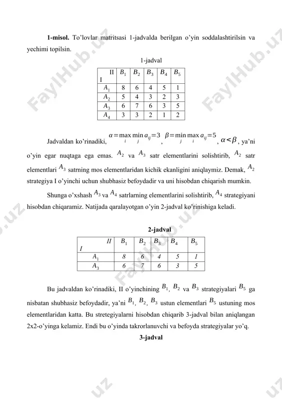 lgan , ustunlarining qavariq kombinasiyasidan kichik emas, ya’ni chunki demak, matritsadan birinchi ustunni o’chirish mumkin (bu ustun dastlabki matritsaning 2-ustuniga mos keladi). natijada matritsaga ega bo’lamiz. bu matritsada birinchi satr qolgan satrlarning qavariq kombinasiyasidan iborat, ya’ni chunki shuning uchun matritsadan birinchi satrni o’chiramiz (bu satr dastlabki matritsaning 2-satrga mos keladi). nihoyat, to’lovlar matritsasiga kelamiz. bu matritsa matritsadan 1-2-satr va 1-2-ustunlarni o’chirishdan hosil qilingan. to’lovlar matritsasi bo’lgan o’yinni yechamiz: . shunday qilib, i o’yinchining optimal strategiyasi ii o’yinchining optimal strtegiyasi o’yin bahosi bo’ladi. 2. matritsaviy o’yinni chiziqli programmalashtirish ikkilanma masalalar juftiga keltirish endi va istalgan natural sonlar bo’lgan -matritsaviy o’yinni qaraymiz (4-jadval). faraz qilaylikki, bu o’yinda egar nuqta mavjud bo’lmasin. bunday o’yinni aralash strategiyalarda yechishni chiziqli programmalashtirishning ikkilanma masalalar juftiga keltirish mumkinligini ko’rsatamiz. 4-jadval ii i . . . . . . . . . . . . . . . . . . . . . . . . . …