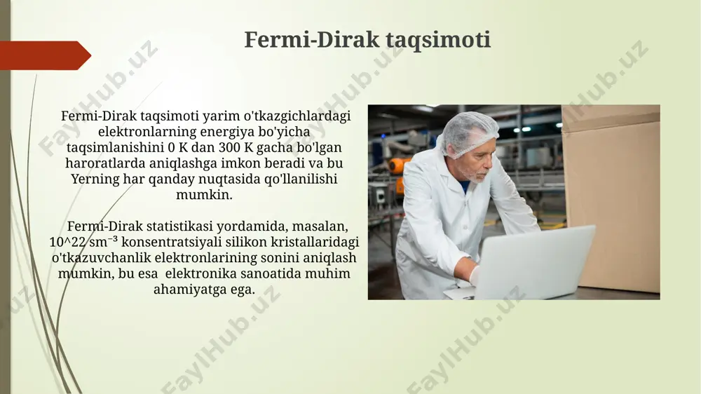 konsentratsiyasini aniqlash mumkin. bu usul toshkentdagi "mikroelektronika" ilmiy-tadqiqot institutida keng qo'llaniladi. uv-vis spektroskopiyasi yordamida, masalan, 200-800 nm to'lqin uzunliklarida o'lchovlar o'tkazib, yarimo'tkazgichlardagi zaryad tashuvchilar konsentratsiyasi to'g'risida ma'lumot olish mumkin. bunday tajribalar buxoroda joylashgan laboratoriyalarda amalga oshiriladi. e'tiboringiz uchun rahmat @taqdimot_robot image1.jpg image2.jpg image3.jpg image4.jpg image5.jpg image6.jpg image7.jpg image8.jpg image9.jpg image10.jpg image11.jpg image12.jpg image13.jpg image14.jpg image15.jpg image16.jpg image17.jpg