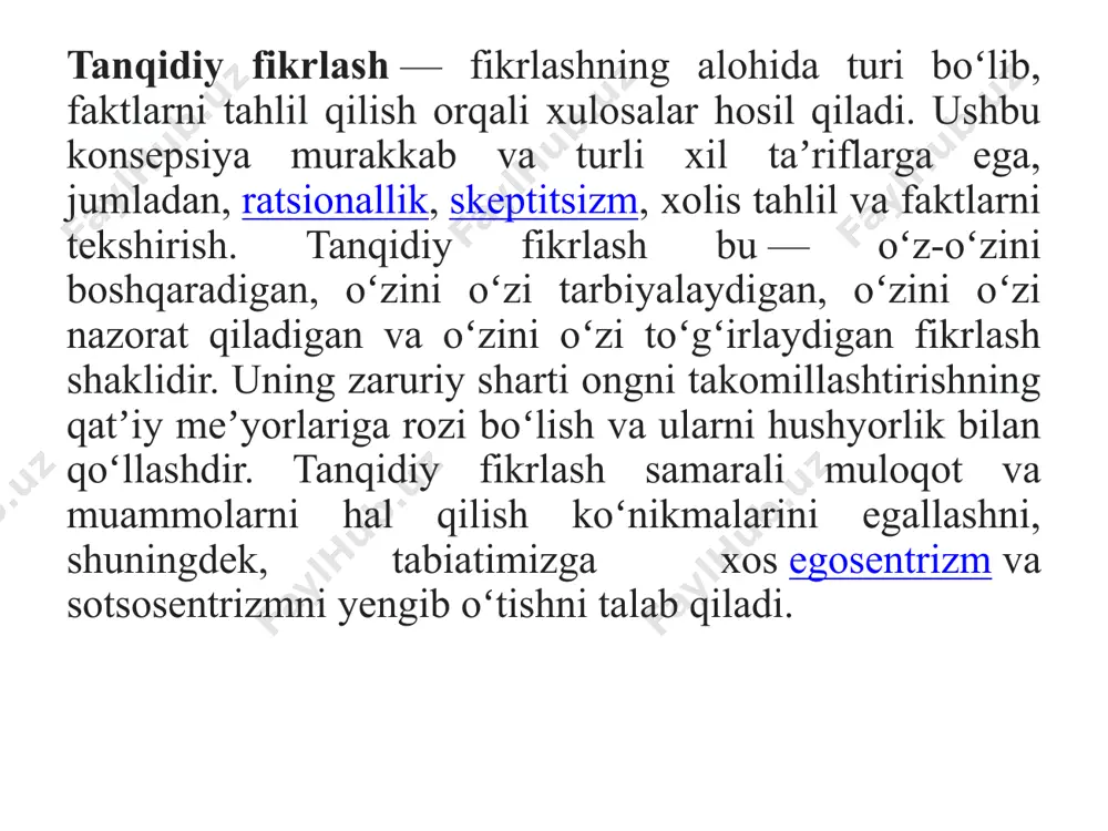 glari bo‘lib, suqrot bir yoki bir nechta suhbatdoshlari bilan axloqiy masalalar, masalan,suqrotning qamoqdan qochishi to‘g‘ri bo‘ladimi, degan mavzuda gaplashadi. faylasuf bu masalani o‘ylab, mulohaza yuritadi va shunday xulosaga keladi: qochish uning ustida tutgan barcha narsalarni (qadriyatlarni) buzadi, masalan,afina qonunlari va suqrot tinglayman, degan ichki rahbar ovoz. suqrot tanqidiy haqiqatni aniqlab berdiki, inson bilim va aqlga „hokimiyat“ (obroʻ) asosida bogʻliq boʻlmaydi.u hokimiyat va yuqori lavozim egalari juda sarosimali va mantiqsiz boʻlishi mumkinligini isbotladi.suqrotning fikricha, yaxshi hayot kechirish va hayotning qadriga yetish uchun inson tanqidiy savol beruvchi, „surishtiruvchi ruh“ga ega bo‘lishi kerak. u g‘oyalarni eʼtiqodga loyiq deb qabul qilishdan oldin, uni chuqur o‘ylashga undaydigan chuqur savollar berish kerakligini angladi. suqrot „dalil izlash, hukm va taxminlarni sinchiklab tekshirish, asosiy tushunchalarni tahlil qilish, nafaqat aytilgan, balki amalga oshirilayotgan ishning mohiyatiga ham kirib borish“ muhimligini belgilab berdi. uning soʻroq qilish usuli hozirda „suqrotcha soʻroq“ deb nomlanadi va tanqidiy fikrlashni oʻrgatishning mashhur strategiyasi hisoblanadi.oʻzining soʻrov uslubida …