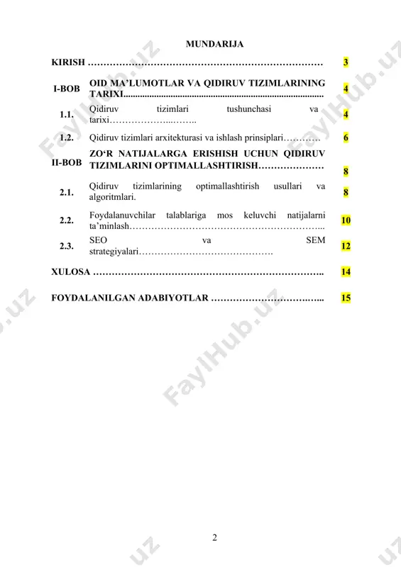 ptimallashtirish usullari o‘rganiladi. shu bilan birga, qidiruv tizimlarining texnologik imkoniyatlari va kelajakdagi rivojlanish istiqbollari ham tahlil qilinadi. qidiruv tizimlari internetdagi cheksiz hajmdagi ma’lumotlarni boshqarish va ulardan samarali foydalanish imkonini beradi. har kuni millionlab foydalanuvchilar o‘zlariga kerakli ma’lumotlarni topish uchun google, bing, yandex kabi qidiruv tizimlariga murojaat qiladi. ushbu tizimlar nafaqat ma’lumot izlashni osonlashtiradi, balki vaqtni tejash, ishonchli manbalarni aniqlash va turli xizmatlardan samarali foydalanish imkoniyatini ham beradi. shuningdek, qidiruv tizimlari tadbirkorlik va marketing sohalarida ham o‘ziga xos strategik ahamiyatga ega. ular orqali kompaniyalar o‘z mahsulotlarini global darajada targ‘ib qilishi va potentsial mijozlarni jalb qilishi mumkin. i bob. oid ma’lumotlar va qidiruv tizimlarining tarixi 1.1. qidiruv tizimlari tushunchasi va tarixi qidiruv tizimlari – bu foydalanuvchilarning internetdagi ulkan hajmdagi ma’lumotlar orasidan kerakli axborotni tez va samarali topishiga xizmat qiluvchi dasturiy platformalardir. ular maxsus algoritmlar asosida ishlaydi va foydalanuvchilarning so‘rovlariga mos ravishda eng dolzarb, ishonchli va tegishli natijalarni ko‘rsatadi. bugungi kunda qidiruv tizimlari …