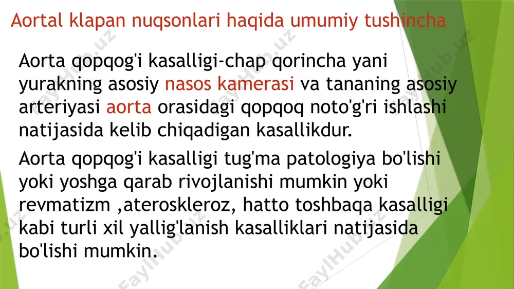 -og'ir as va past radiatsiyaviy og'ir asni farqlash kerak, chunki faqat past radiatsiyaviy og'ir as bilan og'rigan bemorlar protez klapanlari foyda keltiradi. aortal kalapan yetishmovchiligi malformatsiyaning morfologiyasi uning paydo bo'lish sababiga bog'liq. shu bilan birga, har qanday etiologiyada qopqoq klapanlari sohasida yallig'lanish-sklerotik jarayon va ularning qisqarishi kuzatiladi. patologik jarayon aortaga tarqalishi bilan og'izning cho'zilishi va qopqoqlarning tortilishi sodir bo'ladi. chap qorincha chegaralarining sezilarli darajada kengayishi mavjud. septik lezyon qo'shilganda nuqsonlarning shakllanishi qayd etiladi. etiboringiz uchun rahmat image1.jpeg image2.jpg image3.jpg image4.png image5.png image6.png /docprops/thumbnail.jpeg