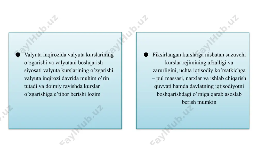 lib keldi. xitoy bozori iyenning tushishiga yetarlicha salbiy munosab 1997-yil davomida ukrainada 1 aqsh dollari 1,8-1,9 grivenga teng barqaror kurs hukm surgan. lekin bunday barqarorlik iqtisodiyotdagi barqarorlikka emas, balki davlatning mohirona tarzda kursni ushlab turish uchun o’tkazgan tadbirlarining natijasi bo’lgan. kapitalizm pul-kredit tizimining inqirozi va valyuta inqirozi oltin standartining yemirilishida, inflatsion qog’oz-pul muomalasiga o’tishda o’z aksini topadi va alohida kapitalistik mamlakatlarning ichki muomalasiga hamda xalqaro hisob-kitoblarga ta’sir ko’rsatadi 01 03 02 1929-1933 yillаrdаgi jаhоn iqtisоdiy inqirоzi: yuzаgа kеlish sаbаblаri, bоsqichlаri vа хаlqаrо vаlyutа munоsаbаtlаrigа tа’siri. umumiy valyuta inqirozi kapitalizmning umumiy inqirozining ajralmas qismi hisoblanadi va parlament xususiyatiga ega bo’ladi. jahon kapitalistik valyuta tizimi jahon bozorining ajralmas qismi sifatida 1914-1918-yillarda, birinchi jahon urushi davrida tiklanib takomillashgan bo’lsa, kapitalizmning umumiy inqirozi davrida o’z kuchini yo’qotadi va tez-tez tanazzulga uchraydi umumiy valyuta inqiroziga xos muhim xususiyat – oltin «demonetizatsiyasi» hisoblanadi, ya’ni oltinning metall pul sifatidagi ahamiyati yo’qoladi va valyuta qadrsizlanadi qator kapitalistik mamlakatlarda …