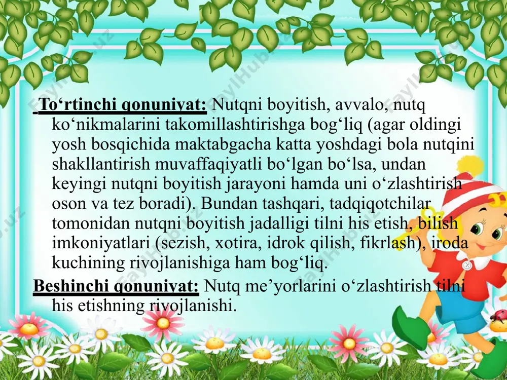 k etishi lug‘atning boyishiga, nutqiy muloqot madaniyatini tarbiyalashga yordam beradi. qurilishga oid o‘yinlarni tashkil etish jarayonida tarbiyachi bolalar uchun qiyin bo‘lgan so‘zlarning (sifatni, miqdorni, hajmni va narsalarning fazoda joylashuvini belgilash va boshq.) katta guruhini aniqlashtiradi, faollashtiradi. matnli, harakatchan musiqiy o‘yinlar, sahnalashtirish o‘yinlari bola nutqining ifodaliligini shakllantirish, to‘g‘ri sur’at, nafas olish, yaxshi diksiyani mashq qilishda yordamberadi. didaktik o‘yinlar yordamida bolalarda atrof-olam haqidagi bilimlar mustahkamlanadi, lug‘at mustahkamlanadi, aniqlashtiriladi va faollashtiriladi. didaktik o‘yinlar nutqiy mahorat va ko‘nikmalarni mashq qilishda (ibora tuzish, so‘zni o‘zgartirish, hikoya to‘qish va h.q.) qo‘llaniladi. to‘g‘ri tashkil etilgan maishiy faoliyat jarayonida (ovqatlanish, kiyinish, gimnastika, sayohat va h.k.), ya’ni, agarda pedagog, ayniqsa, kichik guruhlar pedagogi maishiy buyumlar nomlarini, ularning qismlari, sifati, xususiyati, qo‘llanish maqsadini batafsil tushuntirsa, ular bilan tegishli harakatlarni amalga oshirsa va buni sharhlab bersa, bolalarga savol bersa, ularga maishiy lug‘atdan foydalanishni o‘rgatsa bolalarning lug‘ati boyiydi. agarda pedagog o‘z nutqida qiyoslash, sinonimlar, xalq og‘zaki ijodi (maqollar, matallar, sanoq she’rlar)dan keng …