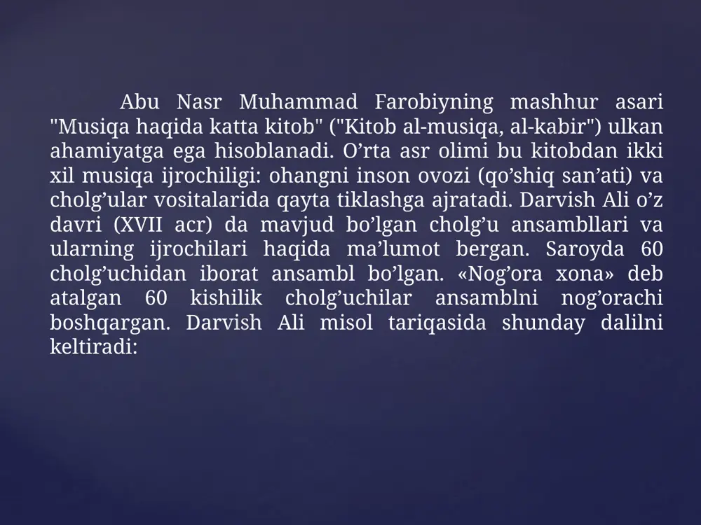 n dadayev, tal’at sayfiddinov, dilmurod, elmurod, xolmurod islomovlar, rahmatullo samadov, abbos qosimov va boshqalar. foydalanilgan adabiyotlar 1. akbarov il. musiqa lug’ati t., san’at 1990 yil. 2. vizgo t. o’rta osiyo musiqa asboblari. moskva., 1980 yil. 3. karomatov f. o’zbek chlg’uchilik musiqasi. moskva., muzika 1980yil. 4. odilov a. o’zbek xalq cholg’u asboblarida ijrochilik tarixi. toshkent., o’qituvchi 1995 yil. 5. fitrat a. o’zbek klassik musiqasi va uning tarixi. toshkent., fan., 1993 yil. 6. petrosyants a.i. cholg’ushunoslik t., san’at 1990 yil. 7. talaboev, a., akbarov, t., & haydarov, a. the european journal of arts, issue 1/2020. 8. yunusov, g., juraev, i., & ahmedov, r. (2020). a look at the regional seasonal folklore and their origin. the role and importance of folklore in the development of dance art. european journal of arts, (1), 121-124. 9. yunusov, g. y., parpiev, a., & ernazarov, z. (2021). a look at samples of uzbek folklore. academicia: an international …