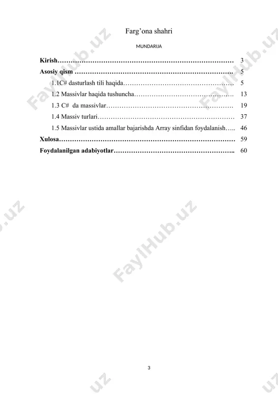 ar beriladi,”startap” loyihalariga yordam berilishi ko`zda tutilgan. axborot texnologiyalarining bugungi rivojlangan davrida kompyuter texnologiyalari barcha sohalariga kirib bormoqda. xususan, hayotiy masalalarni yechishda dasturlash yordamida masalalarni matematik modellarini tuzib, ularni yechish algoritm va dasturlashni tuzish orqali jarayonlarni kompyuterlashtirish dolzarb masalalardan biri. mazkur kurs ishida massivlar yordamida masalalarni yechish usullari, massivlar ustida amallar bajarishda array sinfini qo`llash va mos dasturlari ko`rib chiqiladi. kurs ishi mavzusining dolzarbligi. c# tilida massivlar bilan ishlash, massivlar ustida amallar bajarishda array sinfining qanchalik muhimligini keltirish mumkin. kurs ishining maqsad va vazifalari: -massivlar ustida amallar bajarishda array sinfidan foydalanishning ahamiyatini o`rganish; -massivlar bilan ko`proq ishlash. kurs ishi tarkibi:kirish,asosiy qism,xulosa va foydalanilgan adabiyotlar ro`yhati 1.1 c# dasturlash tili haqida c # ("sharpni qarang" deb talaffuz qilinadi) sodda, zamonaviy, ob'ektga yo'naltirilgan va turga xavfsiz dasturlash tili. c # ning ildizlari c tillar oilasiga borib taqaladi va darhol c, c ++ va java dasturchilariga tanish bo'ladi. c # ecma international tomonidan …
