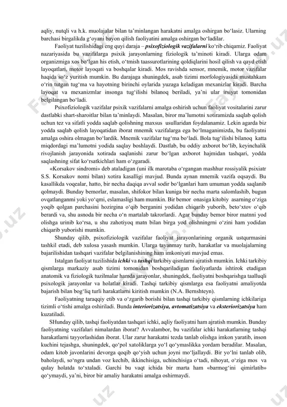 unchasi odam faoliyatini ijtimoiy va jismli dunyoga «olib chiqadi». harakat doimo maqsad bilan bog‘liq bo‘ladi. maqsad harakatni belgilaydi, harakat esa maqsadning amalga oshishini ta’minlaydi. maqsadning xususiyati orqali harakat xususiyatini aniqlash mumkin. inson maqsadlarini tahlil qilib, nimalarni aytish mumkin? avvalambor, ularning juda xilma-xilligini, muhimi esa keng hajmliligini keltirish mumkin. yirik maqsadlar maydaroq, xususiy maqsadlarga bo‘linadi, ular ham o‘z o‘rnida bulardan ham xususiyroq maqsadlarga bo‘linishi mumkin va h.k. shunga mos ravishda har bir etarli darajadagi yirik harakat quyi tartibli ketma-ketlikning harakatlar tizimida turli darajalarga o‘tib turishidan iborat. masalan, boshqa shahar bilan telefon orqali bog‘lanmoqchisiz. bu harakatni amalga oshirish uchun (i tartib) siz bir qator xususiy harakatlarni bajarishingiz kerak (ii tartib): shaharlararo so‘zlashuv telefon tarmog‘iga borib, zarur avtomatni topib, navbatga turishingiz lozim va h.k. kabinaga kirgandan so‘ng, abonent bilan bog‘lanishingiz kerak. lekin buning uchun qator mayda ishlarni bajarishingizga to‘g‘ri keladi (iii tartib): tanga tashlab, tugmachani bosib turib, ma’lum sonlarni terish kerak bo‘ladi va …