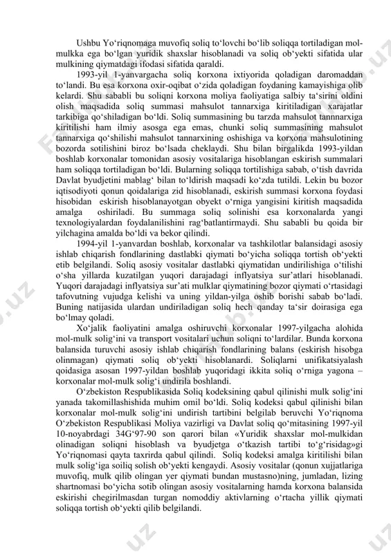 xanizmini aniqlab byerdi, soliqlar, yig‘imlar va boshqa to‘lovlar ro‘yxatini, ularni hisoblash va undirish tartibini, soliq to‘lovchilarning burchlari va javobgarligini ko‘rsatdi. ushbu qonunga ko‘ra, 1992-yil 1-yanvardan e‘tiboran korxonalar mulkiga soliq joriy qilindi va mamlakatimiz soliq tizimida yangi muhim mahalliy soliq amal qila boshladi. ushbu soliqni undirish bo‘yicha 1992-yil 25-martdagi 412-sonli “korxonalar mol-mulkiga soliqni hisoblash va byudjetga o‘tkazish tartibi to‘g‘risida”gi yo‘riqnomasi qabul qilindi. ushbu yo‘riqnomaga muvofiq soliq to‘lovchi bo‘lib soliqqa tortiladigan mol-mulkka ega bo‘lgan yuridik shaxslar hisoblanadi va soliq ob‘yekti sifatida ular mulkining qiymatdagi ifodasi sifatida qaraldi. 1993-yil 1-yanvargacha soliq korxona ixtiyorida qoladigan daromaddan to‘landi. bu esa korxona oxir-oqibat o‘zida qoladigan foydaning kamayishiga olib kelardi. shu sababli bu soliqni korxona moliya faoliyatiga salbiy ta‘sirini oldini olish maqsadida soliq summasi mahsulot tannarxiga kiritiladigan xarajatlar tarkibiga qo‘shiladigan bo‘ldi. soliq summasining bu tarzda mahsulot tannnarxiga kiritilishi ham ilmiy asosga ega emas, chunki soliq summasining mahsulot tannarxiga qo‘shilishi mahsulot tannarxining oshishiga va korxona mahsulotining bozorda sotilishini …