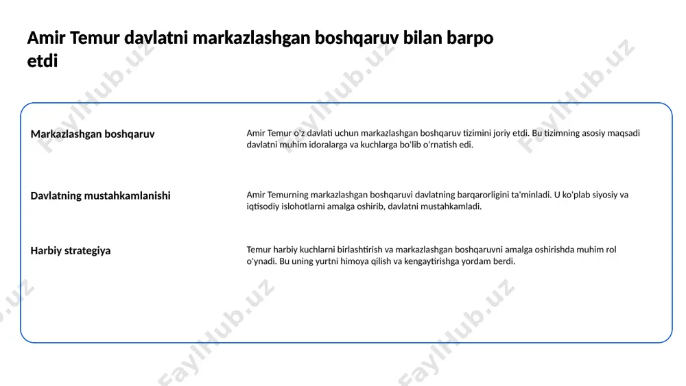 balki uning kelajagini ham belgilaydi. o'zbek madaniyati doimiy ravishda rivojlanmoqda. madaniyat va san'at rivojiga katta e'tibor qaratildi san'at turlari san'atning turli yo'nalishlari, jumladan, musiqi, rasm va teatral san'atlar, jamiyatda muhim rol o'ynaydi. ular xalqaro maydonda tan olinmoqda. madaniyat va san'at rivojiga katta e'tibor qaratildi tadbirlar va festivalar madaniy tadbirlar va festivalar san'atni tarqatish va o'zaro bog'lanish imkonini beradi. o'zbekiston madaniy merosini namoyish etish uchun ko'plab tadbirlar o'tkaziladi. madaniyat va san'at rivojiga katta e'tibor qaratildi 4 ma'rifat va ta'lim sohalarida islohotlar amalga oshirildi ta'lim tizimining yangilanishi ta'lim tizimida zamonaviy metodlar joriy etildi, bu o'quv jarayonini yanada samarali qiladi. ma'rifat va ta'lim sohalarida islohotlar amalga oshirildi o'qituvchilarni malakasini oshirish o'qituvchilar uchun treninglar tashkil etilib, ularning malakasini oshirishga e'tibor berildi. ma'rifat va ta'lim sohalarida islohotlar amalga oshirildi innovatsion texnologiyalar innovatsion texnologiyalar ta'lim jarayonida faol qo'llanilmoqda, bu o'quvchilarning qiziqishini oshiradi. ma'rifat va ta'lim sohalarida islohotlar amalga oshirildi maktab qurilishi va ta'miri yangi maktab binolari …