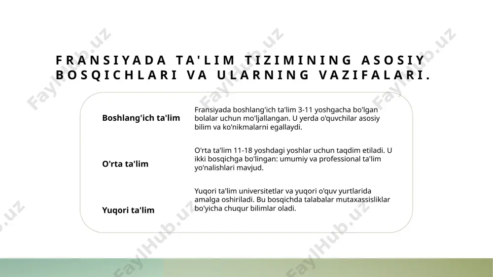 anadilar. xulosa ta'lim tizimining asosiylari fransiya ta'lim tizimi, boshlang'ich, o'rta va oliy ta'lim bosqichlaridan iboratdir. har bir bosqichda o'quvchilarga taqdim etiladigan bilimlar farqlanadi. madaniyat va ta'lim o'zaro fransiya ta'limi, madaniy almashuvlarni rivojlantirishga xizmat qiladi. talabalar boshqa madaniyatlarni o'rganish orqali global fikrlashga erishadilar va o'zaro tushunish hamda muvozanatni saqlaydilar. xalqaro hamkorlik imkoniyatlari fransiya ta'lim tizimi xalqaro loyihalarda faol ishtirok etadi. bu orqali talabalar global tajribalarni o'zlashtirib, xalqaro bozorda muvaffaqiyatli bo'lish imkoniga ega bo'lishadi. foydalanilgan adabiyotlar 1. umidova, g. ta'lim tizimining fransiyada o'zgarishi. ta'lim va innovatsiyalar, 2021 2. xamroev, b. fransiya ta'lim siyosati: madaniyat va iqtisodiy ta'sirlar. o'zbekiston ta'limi, 2022 3. maqsudov, n. global ta'lim tizimlaridagi fransiyaning o'rni. xalqaro ta'lim konferensiyasi materiallari, 2021 4. ismoilov, a. fransiya ta'lim tizimi: tuzilishi va rivojlanish tendensiyalari. ta'lim va taraqqiyot, 2020 5. saidov, r. ta'lim siyosatlari va madaniy ta'sirlar: fransiya misolida. ta'lim tadqiqotlari jurnali, 2023 e'tiboringiz uchun rahmat! /docprops/thumbnail.jpeg