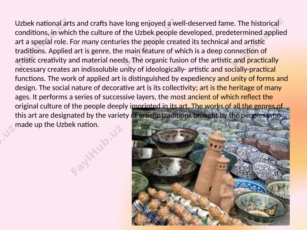 been creating in the region a variety of tools, weapons of war, richly decorated clothes and jewelry, homes and household utensils that meet their aesthetic needs. the study of ethnocultural traditions of the central asian ethnoses showed that they have not only a common historical destiny and common ethnographic origins. the basis for creating samples of the national culture and art of each people, including uzbeks, was shared ground. this is evidenced by the rich monuments of the ancient era, created by ancient khorezmians, bactrians, sogdians, margilans, and subsequently turkic-speaking ethnic groups. the uzbek folk fine and applied arts in all its forms have long attracted the attention of boffins to the profound democracy of the ideas embedded in it, reflecting the way of life, culture and worldview of the people themselves. for many centuries, the people have created unique monuments in all genres of folklore, fine and decorative art, …