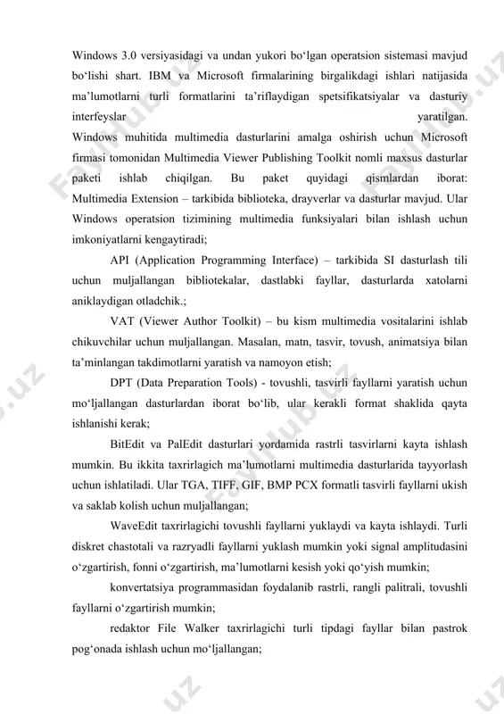 i o‘zgartirish, ma’lumotlarni kesish yoki qo‘yish mumkin; konvertatsiya programmasidan foydalanib rastrli, rangli palitrali, tovushli fayllarni o‘zgartirish mumkin; redaktor file walker taxrirlagichi turli tipdagi fayllar bilan pastrok pog‘onada ishlash uchun mo‘ljallangan; xozirgi paytda multimedia tizimlarida fayllarni turli formatlarga konvertatsiya kilish imkoniyatlari kengaytirilayapti. axborotni kodlashtirish va sikish tizimlari yaratilgan. videoqamrov, video va audioeshittirishga (video va audio pleyer) mo‘ljallangan dasturlar mavjud. quyida multimedia mahsulotlari ishlab chiqishga mo‘ljallangan dasturiy mahsulotlarni qisqacha sharhlab o‘tamiz. microsoft powerpoint ushbu mahsulot dasturiy ta’minotlar orasida taqdimot yaratishga qaratilgan eng yetakchi mahsulot hisoblanadi. u microsoft office paketining tarkibiga kiradi. har bir yangi versiyasi yangi imkoniyatlarga ega bo‘ladi. u taqdimot tayyorlash uchun oldindan ishlab chiqilgan shablonlardan iborat. dasturiy mahsulot audio va video fayllar, animatsiyalarni hosil qilish, har xil diagrammalar yaratish, taqdimotni himoyalash, fotoalbomni avtomatik generatsiyalash funksiyalariga ega. adobe director sd va dvd disklarda, ijtimoiy terminallarda, shuningdek, internetda e’lon qilinadigan ilovalar va axborotlar bilan to‘ldirish, amalga oshirishda tayyor multimedia vositalaridan bir necha …