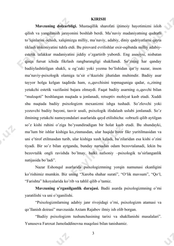 r yo‘li va qismati o‘z tasvirini topadi. har bir badiiy asarda hayotimizda sodir bo‘lib o‘tgan yoki bo‘lishi mumkin bo‘lgan voqea-xodisalar muallif tomonidan o‘quvchi-kitobxonga badiiylik qonuniyatlariga asoslanib yetkazilar ekan, mazkur badiiylik qonuniyatlari turli davrlarda sayqallanib, an'anaviylik va novatorlik orasida muntazam shakllanishda davom etadi. badiiy asarlarda ko‘tarilayotgan muammolar, o‘quvchi e'tiboriga va xukmiga havola qilinayotgan masalalar -badiiy asar mavzusi va mazmuni bevosita asar yaratilgan davr ijtimoiy muhiti bilan chambarchas bog‘liqdir. psixologizm atamasi psixologik tahlil, psixologik tasvir, psixologik obraz, psixologik roman, psixologik hikoya va psixologiya kabi atamalar bilan bog‘liq. a. b. yesin ta'biri bilan aytganda, psixologizm -bu asar personajining hayolot olami, fikrlari, mulohazalarining o‘ziga xos badiiy vositalardan foydalangan holda juda to‘liq, batafsil va chuqur ifodalab berish.rus adabiyotshunoslik ilmida ruhiyat mavzusida birinchilardan bo‘lib tadqiqot olib borgan n.g. chernishevskiy psixologik tahlil xilma-xil bo‘lishi mumkin deydi va birmuallif xarakter qirralariri ochib berishga urinsa, boshqasi -xarakter shakllanishiga jamiyat va turmush ta'sirini ko‘rsatib beradi; uchinchisi -xatti-harakatlarning his-tuyg‘ular bilan aloqadorligini; …