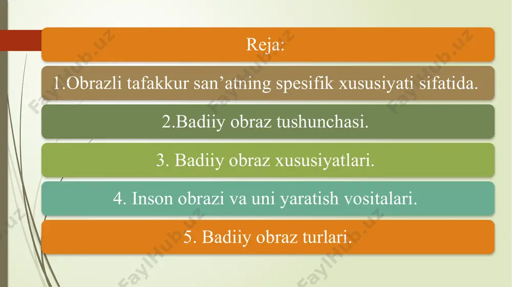 ik darajasiga ko‘ra badiiy umumlash tirish darajasiga ko‘ra ifoda va tasvir qatlamlari munosaba tiga ko‘ra badiiy reallik sathlari.(predmetlik darajasiga ko‘ra) voqea hodisalar obrazi xarakter va sharoit dunyo va taqdir obrazi detal obrazlar umumlashtirish darajasiga ko‘ra topos arxitep indivi dual obraz motiv tip xarakter individul -obraz o‘zigagina xos fe’l atvori, gap -so‘zlari, betakror xarakter xususiyati bilan namoyon bo‘luvchi obrazlar. “mening o‘g‘rigina bolam” roqiya bibi xarakter - muayyaan davr va muhit kishilariga xos eng muhim, xarakterli umumiy xususiyatlar bilan alohida shaxsga xos individual xususiyatlarni o‘zida uyg‘un mujassam etgan obraz. “otalar va bolalar” bazarov “o‘tkan kunlar “ otabek tipik obraz - muayyan ijtimoiy- tarixiy sharoit, davr va muhitga xos muhim xarakterli xususiyatlarni o‘zida namoyon etgan obraz. «mehrobdan chayon» anvar, solih mahdum «navoiy» majididdin, sultonmurod 15 motiv shakliy va mazmuniy jihatlardan muayyan turg'unlik kasb etgan, bir yoki bir necha ijodkorning asarlarida qaytarilib turishi bilan ularning ijodiy intilishlarini namoyon etib turuvchi obrazdir. topos motivga nisbatan …