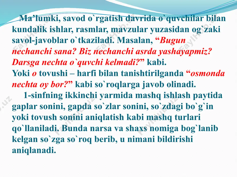 ing xususiyatlari, arab raqamlarining afzal tomonlari haqida gapirib berish. sonlarning yozuvda uch xil ifodalashda xatolarga yo`l qo`ymaslikka o`rgatish; b) tarbiyaviy: o`quvchilarda xalqimizning udumlari, an’analariga hurmat uyg`otish. ularni milliy ruhda tarbiyalash. sportga qiziqishlarini oshirish; d) rivojlantiruvchi: diktant orqali savodxonlikni oshirish, bog`lanishli nutqni o`stirish. dars tipi: aralashgan dars metodi: suhbat, ko`rsatish, darslik bilan ishlash. dars jihozi: mavzuga oid raqamlarning harfiy, arab, rim raqamlari bilan yozilgan jadvallar. o`zbek xalq maqollari yozilgan ko`rgazma. darsning borishi: i. tashkiliy qism: ma’naviyat daqiqasini o`tkazish. son ishtirok etgan o`zbek xalq maqollari yozilgan jadval xattaxtaga ilinadi. tahlil qildiriladi: 1.yigit kishiga yetmish hunar oz. 2. sanamay sakkiz dema. 3. birni kessang, o`nni ek. har bir qator o`quvchilari o`z fikrlarini bayon qiladilar. o`qituvchi ularning fikrlarini to`ldiradi, umumlashtirib, tarbiyaviy tomonini ochib beradi, xulosalaydi. ii. o`tilgan mavzuni so`rab baholash: o`quvchilarning darsga hozirligini nazorat qilish. 1. uyga vazifani (326-mashq) tekshirish. 2. test sinovini o`tkazish. 3. rasm diktant. rasmda berilgan raqamlarni harfiy ifoda bilan yozish: …