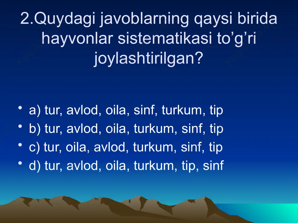 .turkum 5.tip 6.sinf 7.avlod a) 3,7,4,6,5,1,2 b) 3,4,2,7,1,6,5 c) 3,7,2,4,6,5,1 d) 1,3,7,2,4,6,5 25.qaysi hayvon soxta oyoqlar yordamida harakat qiladi? a) tufelka b) yashil evgilena c) tripanosoma d) amyoba 26.sodda hayvonlar hujayrasi uchun qanday organoidlar xos? a) sitoplazma, yadro, plastida, sellyloza b) yadro, ovqat hazm qilish vakuoli, sellyloza, muskul to’qmasi c) harakatlantiruvchi organoidlar d) sitoplazma,yadro,ovqat xazm qilish vakuoli,harakatlantiruvchi organoid 27.amyobaning nafas olish organi vazifasini nima bajaradi? a) jabra b) o’pka c) teri d) butun tana yuzasi 28.sodda hayvonlar noqulay sharoitda nima xosil qiladi? a) spora b) xivchin c) sista d) gameta 29.hujayrasida xloroplastlari bo’lgan hayvonlarni belgilang? a) amyoba, tufelka b) bezgak paraziti, volvoks c) volvoks, evglena d) tufelka, volvoks 30.evglena qanday oziqlanadi? a) xivchini yordamida b) og’zi orqali c) membranadagi maxsus teshikchalar orqali d) fotosintez yo’li bilan 31.volvoks tanasidan ajratib olingan hujayrada qanday o’zgarish kuzatiladi? a) nobud bo’ladi b) oziqlanadi,lekin ko’paymaydi c) mustaqil organim sifatida yashaydi d) oziqlanadi,ko’payadi,lekin harakatlanmaydi 32.volvoksning hujayralari …