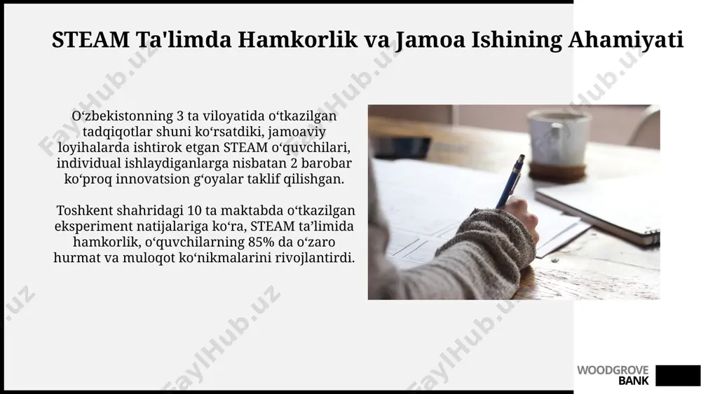 hahridagi texnoparklarda dasturlashni o'rganish imkoniyatiga ega bo'ladilar. woodgrove bank steam ta'limning jamiyatga ta'siri toshkent shahridagi steam markazlarida 2023 yilda 1000 dan ortiq o'quvchi stem sohasidagi kasblar haqida bilimlar oldi, bu kelajakdagi muhandislar va olimlar sonini ko'paytirishga yordam beradi. steam ta'limi samarqanddagi 5 ta maktabda joriy etilgach, o'quvchilarning matematika va fanlar bo'yicha o'rtacha ballari 15% ga oshdi, bu innovatsion yondashuvning samaradorligini ko'rsatadi. woodgrove bank integratsiyalashgan steam dasturlarining misollari andijon viloyatida 7 ta qishloq maktabida amalga oshirilayotgan loyihada 200 dan ortiq o'quvchi ekologik muammolarni hal qilishga qaratilgan steam integratsiyalashgan loyihalar ustida ishlamoqda, bu yerda san'at va dizayn ko'nikmalaridan foydalanilmoqda. toshkentdagi 5-maktabda 5-sinf o'quvchilari, 3d printerlardan foydalanib, geometriya darsida o'rganilgan shakllarni yaratish orqali matematik va texnologiya fanlarini integratsiyalashgan holda o'rganishmoqda. woodgrove bank steam ta'lim resurslari va texnologiyalari steam ta’limi doirasida o‘quvchilar 3d printerlar, vr/ar texnologiyalari va robototexnika to‘plamlari yordamida 20 dan ortiq amaliy loyihalarni amalga oshirish imkoniyatiga ega bo‘lishdi. steam ta’lim resurslari sifatida …