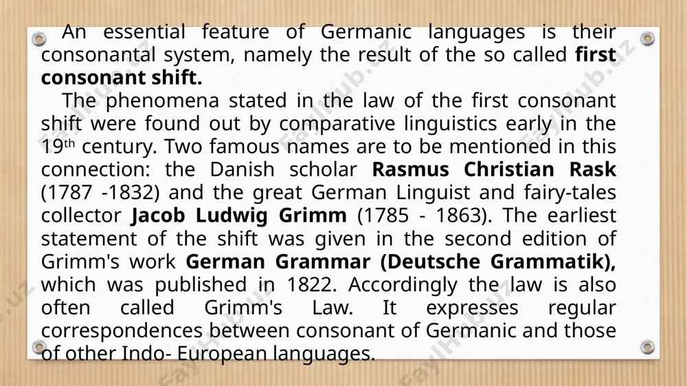 greek phrator, russ. брат. goth. brobar. ne. brother, german.bruder. russ. брат. dh > d sansk. madhu, russ. med, lat. medius. oe. medu'mead', goth. midjis. gh >g lat. hostis'enemy'/ goth. gasts, oe.lic3an'lie russian 'гость'/ germ. gast. oe giest. the oldest germanic texts were, as we have pointed out, runic inscriptions, which may date from the 2 nd or 3 rd century. these are, however, short texts which do not yield much information on the structure of old germanic languages. the earliest longer document is ulfilas's gothic bible (4 th century). it has been preserved in several mss, the most famous being the so - called silver code ( codex argenteus ) of the 6 th century, no in the university library at uppsala (sweden). verner's law. another important series of consonant changes in germanic languages was discovered in the late 19th century by the danish scholar carl verner. they are known …