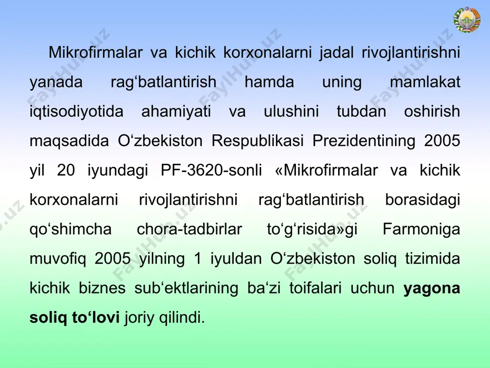 xonalaridan tashqari) yagona soliq to’lovi stavkalari (2013 yil uchun) № to’lovchilar soliq stavkalari, foizda 1. iqtisodiyotning barcha tarmoqlari korxonalari, 2-9-bandlarda nazarda tutilganlardan tashqari 6* 2. sanoat sohasidagi korxonalar 5 3. ommaviy axborot vositalari tahririyatlari, nashriyotlar, teleradiouzatish kompaniyalari 5 4. kompyuter dasturiy mahsulotlarini ishlab chiqish va joriy etish tovarlar (ishlar, xizmatlar) realizatsiyasi umumiy hajmining kamida 80 foizini tashkil etadigan korxonalar 5 5. bojxona rasmiylashtiruvi bo’yicha xizmatlarni ko’rsatuvchi yuridik shaxslar (bojxona brokerlari) 6 6. lombardlar 30 7. gastrol-kontsert faoliyati bilan shug’ullanish uchun litsenziyaga ega yuridik va jismoniy shaxslarni jalb etish yo’li bilan ommaviy tomosha tadbirlarini tashkil etishdan daromad oladigan korxonalar 30 mikrofirmalar va kichik korxonalar uchun (savdo va umumiy ovqatlanish korxonalaridan tashqari) yagona soliq to’lovi stavkalari (2013 yil uchun) № to’lovchilar soliq stavkalari, foizda 8. tayyorlov tashkilotlari, brokerlik idoralari shuningdek vositachilik, topshiriq va boshqa shartnomalar bo’yicha vositachilik xizmatlari ko’rsatadigan korxonalar 33** 9. qimmatli qog’ozlar bozorida brokerlik faoliyatini amalga oshiradigan korxonalar 13** 10. …