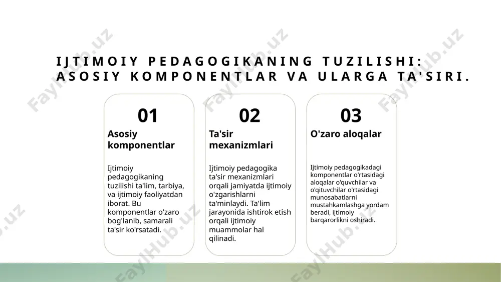 va texnologiyalarni qo'llash orqali ta'lim jarayonlarini samarali tashkil etishga yordam beradi. faoliyat metodlari ijtimoiy pedagogikada faoliyat metodlari, o'quvchilarni faol ishtirok etishga va hamkorlikda ishlashga undovchi metodlarni o'z ichiga oladi. tajriba almashuvi tajriba almashuvi ijtimoiy pedagogikada innovatsion yondashuvlarni tarqatish va yangi g'oyalarni amalga oshirish uchun muhimdir, bu esa o'quv jarayonini rivojlantiradi. o'zbekistondagi amaliyot o'zbekistonda innovatsion yondashuvlar ijtimoiy pedagogika amaliyotida keng qo'llanilib, yosh avlodni tarbiyalashda samarali natijalar ko'rsatmoqda. ijtimoiy pedagogikaning jamiyatda tutgan o’rni: tarixiy va zamonaviy nuqtai nazar. 1 tarixiy kontekst ijtimoiy pedagogika tarixi, ta'lim tizimidagi o'zgarishlar va jamoa rivojini qo'llab-quvvatlashda muhim rol o'ynaydi, o'zbekiston tarixi bilan bog'liq. 2 zamonaviy rivojlanish bugungi kunda ijtimoiy pedagogika, jamiyatda ta'lim va tarbiyani birlashtirib, ijtimoiy adolat va barqarorlikni ta'minlashga yordam bermoqda. 3 madaniyat va ta'sir ijtimoiy pedagogika, milliy madaniyat va an'analarni hisobga olib, yosh avlodni tarbiyalashda muhim rol o'ynaydi, madaniy merosga hissa qo'shadi. ijtimoiy pedagogika va uning metodologik asoslari: ta’lim va jamiyat o’rtasidagi bog’lanish. ijtimoiy pedagogika …