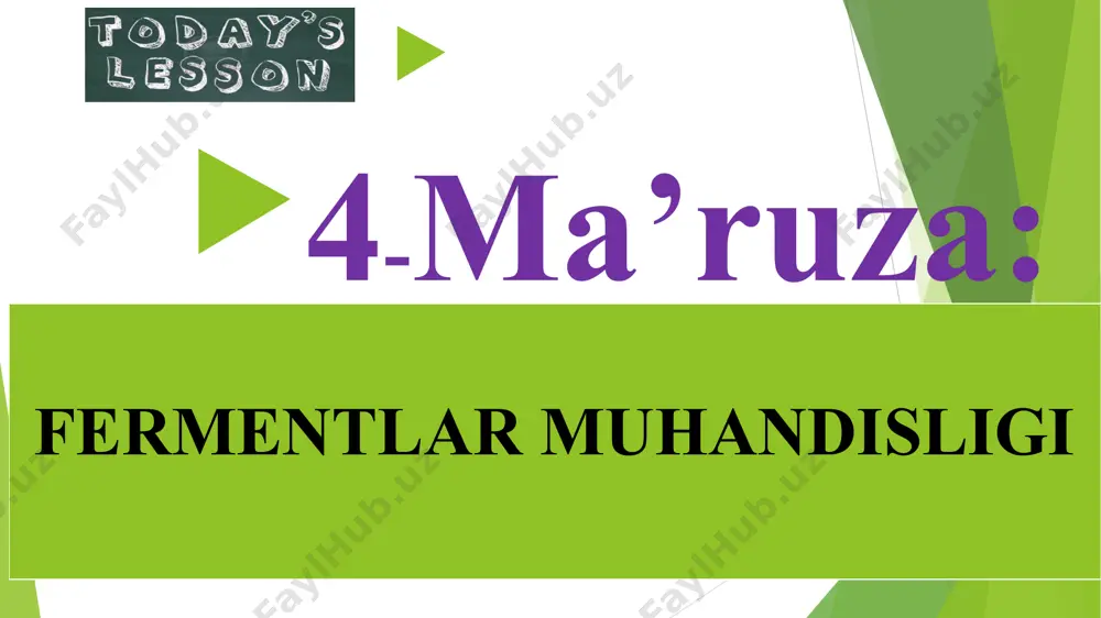 n, tripsin, ximotripsin, rennin (ximozin), ribonukleaza, dnkaza, lipaza, gialuronidaza, katalaza ham ajratib olinadi. fermentlar guruhi fermentlar katalizlaydigan reaksiyalarga qarab oltita bosh sinflarga bo‘linadi. ular quyidagilar: 1. oksireduktazalar – oksidlovchi-qaytaruvchi fermentlar. 2. transferazalar – guruhlarni ko‘chiruvchi fermentlar. 3. gidrolazalar – gidrolitik parchalanish fermentlari. 4. liazalar – molekuladan guruhlarni suv ishtirokisiz ajratadigan va biriktiradigan fermentlar. 5. izomerazalar – turli xil izomerizatsiya reaksiyalarini tezlashtiruvchi fermentlar. 6. ligazalar – atf energiyasidan foydalanib, ikki molekulani bir-biriga bog‘lovchi, sintezlovchi fermentlar. 1. keng miqdorda qo`llaniladigan mikroorganizmlar fermenti -gidrolazalar sinfiga kiruvchilardir (glikozidazalar, peptidazalar ). bular glikozid peptid, efir va ayrim boshqa bog`larga suv ishtirokida ta’sir qiladi. gidrolazalar ko`pincha hujayra tashqarisidagi (ekzogen) fermetlaridir. hujayralardan chiqib ular ma’lum muhitda to`planadi. bu fermentlarni olish hujayra ichidagi (endogen) fermentlarni ajratishga nisbatan qulay va arzondir. 2. glikozidazalar. glikozidazalar - glikozid bog`larini gidroliz qiluvchi fermentlardir. bular ko`p vaqtlardan beri o`rganiladi va ishlatiladi. 3. glyukoamilaza- asosan zamburug`larda keng o`rganilgan. zamburug`larda u molekulyar massasi 100 000 …