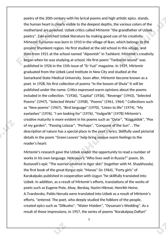 h as "new poems" (1967), "bird language" (1970), "listen to life" (1974), "my eyelashes" (1976), "i am looking for" (1976), "yodgorlik" (1978) mirtemir's creative maturity is more evident in his poems such as "oylar", "kizggaldok", "pox of my garden", "passing lolazar", "perhaps", "conquest of the sun". . the description of nature has a special place in the poet's lyrics. skillfully used pictorial details in the poem "green leaves" help bring unique warm feelings to the reader's heart: mirtemir's research gave the uzbek reader the opportunity to read a number of works in his own language. nekrasov's "who lives well in russia?" poem, sh. rustaveli's epic "the warrior covered in tiger skin" (together with m. shaykhzoda), the first book of the great kyrgyz epic "manas" (in 1964), "forty girls" of karakalpaks published in cooperation with uygun "he skillfully translated into uzbek. in addition, as a result of mirtemir's efforts, translations of …
