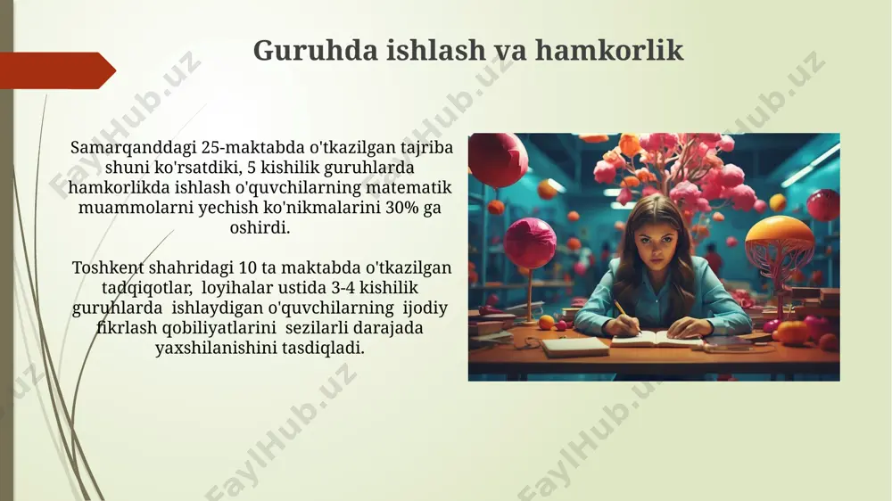 ti zamonaviy texnologiyalar, jumladan, interaktiv doska va onlayn platformalar, toshkentdagi 7-litsेey o'qituvchilariga 3 turdagi innovatsion dars ishlanmalarini yaratishga va 20% o'quvchilarning bilimini yaxshilashga yordam beradi. o'qituvchining ijodiy salohiyati 50 nafar o'quvchidan iborat sinfda, masalan, samarqanddagi 2-maktabda, an'anaviy dars uslublaridan farqli ravishda, 10 ta yangi o'quv o'yinlarini qo'llash orqali namoyon bo'ladi. baholashning ijodiy usullari o‘quvchilarning ijodiy yozuvlarini baholashda, 3 turdagi mezon (grammatika, mazmun, ijodiylik) bo‘yicha 1-10 ball oralig‘ida baholanib, xonaga joylashtirilgan rasmlarga asoslangan hikoya tuzish topshirig‘i berilishi mumkin. andijon viloyatida o‘tkazilgan 2023-yilgi ta’lim seminarida, o‘quvchilarning ijodini baholashda portfel usuli va o‘zaro baholash (peer assessment) texnologiyalaridan foydalanish tavsiya etilgan. qiyinchiliklar va ularni yengish yo'llari farg'ona vodiysidagi maktablarda o'quvchilar sonining ko'pligi (50 nafardan ortiq) tufayli, har bir o'quvchiga individual yondashish va ijodiy potensialini rivojlantirish qiyinlashadi, bu esa individual rejalashtirishni talab qiladi. toshkent shahridagi 50 ta maktab o'qituvchilari orasida o'tkazilgan so'rovnoma shuni ko'rsatdiki, ijodiy faoliyatni rivojlantirish uchun o'qituvchilarga qo'shimcha 10 soatlik treninglar kerak. kelajakdagi …