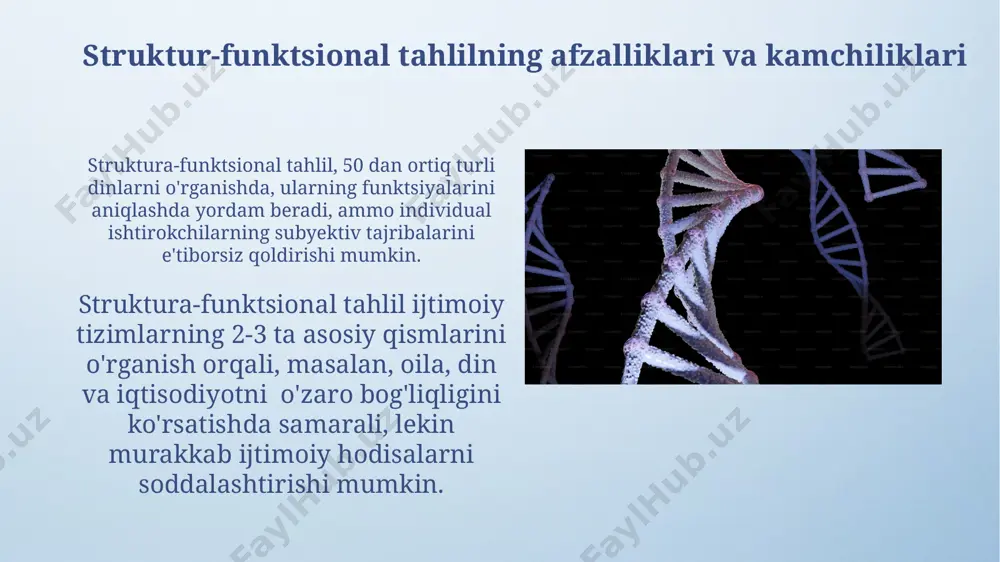 ani kuzatishda qo'llanilgan. o'rta osiyo hududida topilgan 500 dan ortiq arxeologik namunalar ustida o'tkazilgan genetik tahlillar, qadimgi aholining migratsiya yo'nalishlari va genetik xilma-xilligini aniqlashga yordam berdi. dinşunoslik metodologiyasiga kirish динийшуносликдаги компаратив метод, 10 дан ортиқ диний оқимларни таққослаш орқали, уларнинг ўхшашликлари ва фарқларини аниқлашга, масалан, индуизм ва буддизмни таҳлил қилишга имкон беради. ўрта осиёдаги диний таълимотларни ўрганишда, мисол учун, 5 асрлик тарихий даврни қамраб олган манбаларни генетик таҳлил қилиш орқали, мазкур ҳудуддаги исломнинг шаклланишини кузатиш мумкин. tipologik va taqqoslash usullarining o'zaro bog'liqligi taqqoslash usuli, turli xil madaniy kontekstlardagi (masalan, hindiston, xitoy) 5 ta diniy amaliyotni taqqoslash orqali, ularning o'xshashlik va farqlarini aniqlash imkonini beradi va shu bilan tipologik guruhlash uchun asos bo'lib xizmat qiladi. tipologik tahlil, 2 yoki undan ortiq dinlarning 3 ta umumiy xususiyatlarini (masalan, muqaddas matnlar, marosimlar, ierarxiya) aniqlash orqali, ularni taqqoslash usuli uchun asos yaratadi va shunga ko'ra, global miqyosda umumlashtirishlarni shakllantirishga yordam beradi. dinşunoslikda interdissiplinar yondashuvlar …