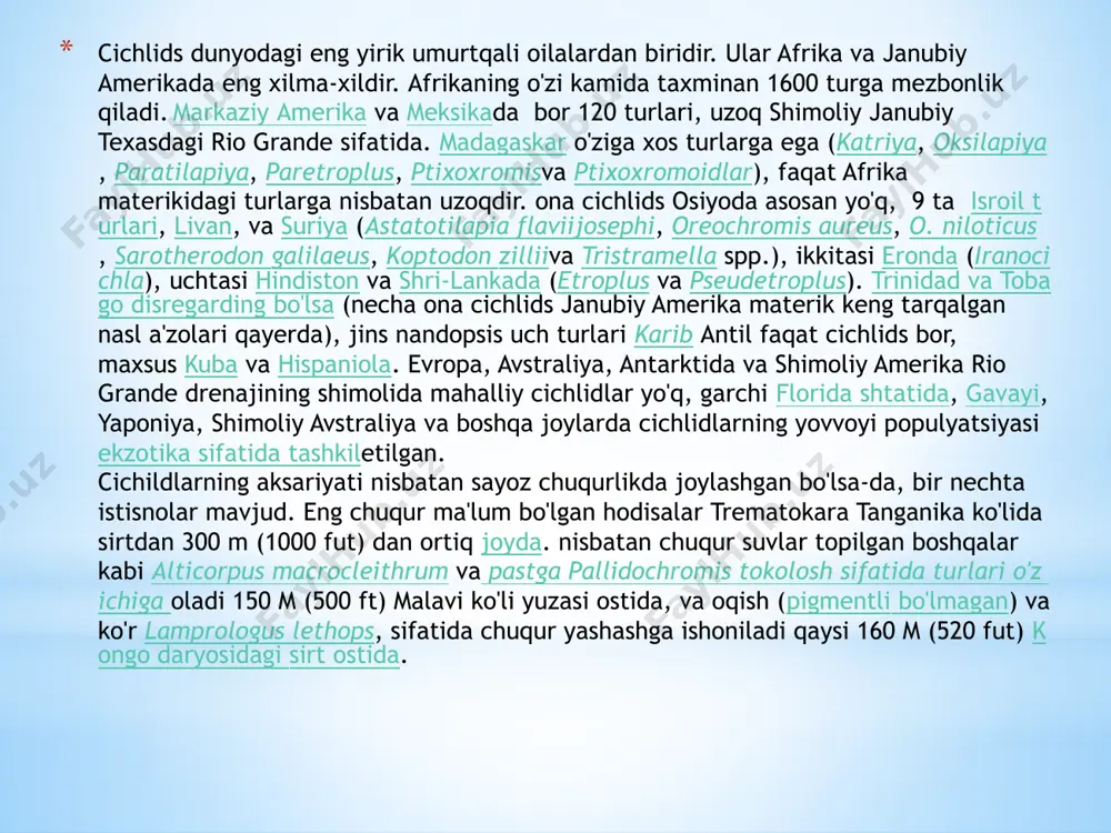 da olib yurishadi va tuxum og'iz ichida chiqadi, bu esa kartoshkani yirtqichlardan saqlaydi. ikkalasidan erkak tuxumni ko'paytirish mas'uliyatini o'z zimmasiga oladi. erkak tuxumni og'izda bir necha kun ushlab turadi va hatto o'sha kunlarda ovqat emaydi. jag' baliqlari ota-onaga juda jiddiy munosabatda bo'lishadi, chunki ular har qanday narxda tuxumni himoya qiladilar, lekin ular uzoq vaqt davomida kartoshkalariga qarashmaydi.tuxum chiqqandan so'ng, baliqchalar suzadi va o'z-o'zidan bo'ladi. keyin erkak nihoyat o'zini ovqatlantirishni va keyingi naslchilikka tayyorgarlik ko'rishni boshlaydi.bu baliqlar haqida yana bir qiziq fakt shundaki, ular akvariumda suzmaydilar. ular o'zlarini boshqa yirtqichlardan himoya qilish uchun substrat orqali qazilgan chuqur yoki tunnel ichida yashaydilar. bu baliqlar tunnel ochilishini himoya qiladi va baliqchalar va tuxumlarini himoya qiladi zebra cichlid (amatitlania nigrofasciata)kobalt moviy zebra cichlidzebra cichlid yoki mahkum cichlid yoki zebra mahkum - markaziy amerikaning suv tizimidan kelib chiqqan cichlidlar oilasiga mansub baliq. bu mashhur akvarium baliqlari bo'lib, biologlar ulardan baliqlarning xatti-harakatlarini o'rganish uchun foydalanganlar. bu …