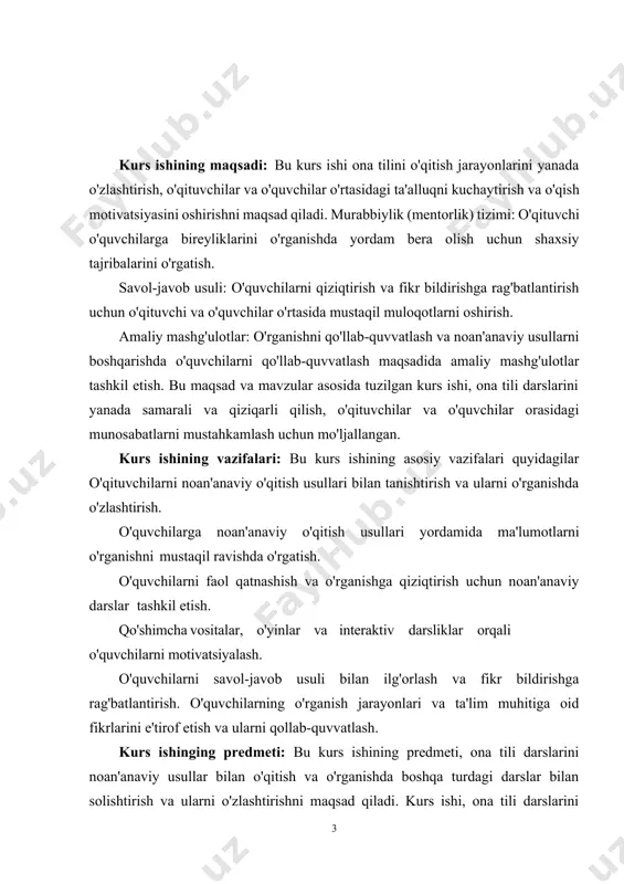 abki yillarda algebra elementlari oddiy sonlar bilan ishlash, tenglama va ifodalarni tushunish kabi oddiy, ammo o'quvchilarning keyingi o'qishlari uchun poydevor bo'lib xizmat qiladigan ko'nikmalarni rivojlantirishga qaratilgan bo'lishi kerak. ushbu kurs ishining maqsadi — boshlang'ich sinflarda algebra elementlarini o'rgatishning samarali metodikasini tahlil qilish, turli pedagogik yondashuvlar va usullarning o'quvchilarning tushunish darajasiga ta'sirini o'rganishdir. kurs ishida, shuningdek, algebra elementlarini o'rgatishda pedagogik jarayonni optimallashtirish va o'quvchilarga matematik tafakkur, mantiqiy fikrlash va muammolarni hal qilish ko'nikmalarini rivojlantirishda qo'llaniladigan metodikalar hamda ular bilan bog'liq muammolar va yechimlar ko'rib chiqiladi. bu mavzu, o'zining ahamiyati va ta'siri bilan, nafaqat boshlang'ich ta'lim sohasida, balki o'qituvchilarni tayyorlash jarayonida ham muhim o'rin tutadi. i-bob. boshlang’ich sinfda matematika o’qitishda algebra elementlarni o’rgatish metodikasining ilmiy adabiyotlardagi taxlili 1.2. boshlang’ich sinflarda matematika o’qitish metodikasi so‘ngi yillarda mamlakatimizda maktabda matematika o‘qitish, ayniqsa, boshlang‘ich ta’lim tizimida o‘z ko‘lami va ahamiyati jihatidan nihoyatda katta bo‘lgan o‘zgarishlarni amalga oshirdi. masalan, 1997-yil 27-avgustdagi ‘’ta’lim to‘g‘risida’’gi qonunning 12-moddasi 1-4-sinflarni …