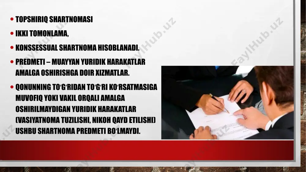 i, muomilaga layoqatsiz yoki muomala layoqati cheklangan yoki bedarak yoʻqolgan deb topilishi natijasida toʻxtatiladi. 824-modda. topshiriq shartnomasini bekor qilish oqibatlari agar topshiriq shartnomasi topshiriq vakil tomonidan to‘liq bajarilishidan oldin bekor qilingan bo‘lsa, topshiriq beruvchi vakilga topshiriqni bajarish vaqtida qilingan chiqimlarni to‘lashi, vakilga haq berilishi kerak bo‘lganida esa, unga bajarilgan ishga muvofiq haq to‘lashi ham shart. bu qoida vakil topshiriqning bekor qilinganini bilgan yoki bilishi lozim bo‘lganidan keyin bajargan topshiriqqa tatbiq etilmaydi. topshiriq shartnomasida huquqiy vorislik vakil vafot etgan taqdirda, uning merosxo‘rlari yoki meros mulkning saqlanishini ta’minlash majburiyati yuklatilgan boshqa shaxslar topshiriq shartnomasi bekor qilinishi haqida topshiriq beruvchiga kechiktirmay xabar berishlari hamda topshiriq beruvchining mol-mulkini muhofaza qilish uchun zarur choralarni ko‘rishlari, xususan, topshiriq beruvchining ashyolarini, shuningdek hujjatlarini saqlab qo‘yishlari, so‘ngra esa unga topshirishlari shart. vakil (ishonchli vakil) bo‘lgan yuridik shaxsni tugatayotgan shaxsning zimmasida ham shunday majburiyat bo‘ladi. vakil (ishonchli vakil) sifatida ish olib borayotgan yuridik shaxs qayta tashkil etilganida topshiriq beruvchi …