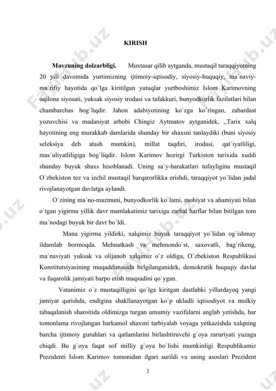 y g`oyamizning ma`naviy ildizlarini ko`rish mumkin. milliy g`oya xalqning eng ezgu orzu va ulug` intilishi, g`urur va iftixori, or-nomus va ruhiy madadkori sifatida u bilan doimo birga yashab kelayotgan g`oya ekanligi, shuningdek, milliy g`oyaning bo`m-bo`sh joyda paydo bo`la olmasligi kabi nazariy xulosalar milliy g`oyaning teran ma`naviy ildizlari mavjudligini ko`rsatadi. milliy g`oya kurtaklari turli tarixiy davrlarda paydo bo`la boshlagan, mazmunan boyib borgan, ba`zan esa unutilish darajasiga kelgan, zo`ravonlik bilan xalqdan begonalashtirish siyosati iskanjasida xiralashgan. shunga qaramasdan, har bir davrda xalq fidoiylari tomonidan milliy g`oya his etilib, chuqur anglangan va ular o`z asarlarida turli usullarda, obrazli timsollarda uni aks ettirganlar. shu nuqtai nazardan milliy g`oyani har tomonlama tadqiq etish, jumladan, uning ma`naviy manbalarini aniqlash, umumlashtirish, tizimlashtirish muhim ahamiyat kasb etadi. bu esa o`rganilayotgan mavzuning naqadar dolzarb ekanligini ko`rsatadi. ishning maqsadi va vazifalari. bitiruv-malakaviy ishning asosiy maqsadi xalqimizning adabiy va madaniy merosida milliy g`oya ildizlari o`ziga xos shaklda aks etgani va ajdodlardan avlodlarga …