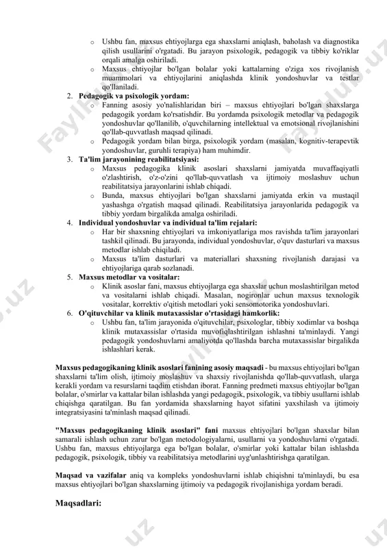 anish jarayonlari muntazam ravishda baholanadi va monitoring qilinadi. bu orqali o'qitish jarayonida qo'shimcha tuzatishlar kiritish mumkin. maxsus pedagogikaning klinik asoslari, aslida, nafaqat ta'lim, balki sog'liqni saqlash, psixologiya, va jamiyat bilan o'zaro aloqalarni ham o'z ichiga oladi. shu sababli, bu sohada ishlash uchun ko'plab ixtisoslashgan mutaxassislar (psixologlar, pedagoglar, tibbiy xodimlar) birgalikda ishlashlari zarur. maxsus pedagogikaning klinik asoslari fani predmeti maxsus ehtiyojlari bo'lgan shaxslarni ta'lim, rivojlantirish va reabilitatsiya qilish bo'yicha ilmiy va amaliy yondoshuvlarni o'z ichiga oladi. ushbu fan, shaxsning pedagogik rivojlanishiga klinik yondoshuvlarni qo'llashga qaratilgan bo'lib, turli xil maxsus ehtiyojlar (nogironlik, psixologik va jismoniy cheklovlar, rivojlanish kechikishlari va boshqa holatlar) mavjud bo'lgan shaxslar bilan ishlashda qo'llaniladi. maxsus pedagogikaning klinik asoslari fanining predmeti quyidagilarni o'z ichiga oladi: 1. maxsus ehtiyojlarni aniqlash va baholash: · ushbu fan, maxsus ehtiyojlarga ega shaxslarni aniqlash, baholash va diagnostika qilish usullarini o'rgatadi. bu jarayon psixologik, pedagogik va tibbiy ko'riklar orqali amalga oshiriladi. · maxsus ehtiyojlar bo'lgan bolalar …