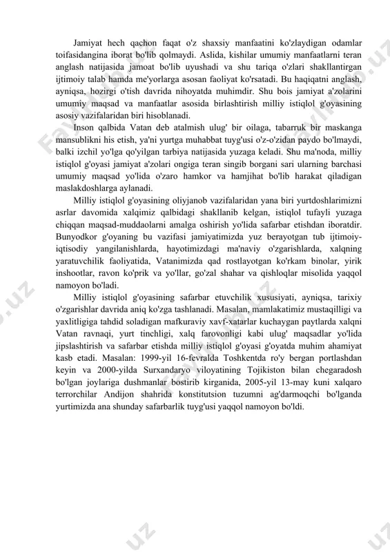 rinchi navbatda, rahbar kadrlar, ziyolilar, ommaviy axborot vositalari xodimlarining fuqarolik burchidir. milliy mafkura masalalariga loqaydlik umummilliy manfaatlarimizga butunlay yot bo'lgan mahalliychilik, to'rachilik, urug'-aymoqchilik singari illatlarning kuchayishiga olib kelishi mumkin. odamlarni biror-bir g'oyaga ishontirish uchun, awalo, uni targ'ib etuvchi kishining o'zi unga ishongan bo'lishi lozim. ana shu sababdan ham milliy istiqlol g'oyasining asosiy tushuncha va tamoyillarini amalga oshirish jarayonida har bir kishi bunyodkor kuchga aylanadi. chunki bu g'oyaning ma'no-mazmuni bunyodkorlik ruhi bilan yo'g'rilgan. jamiyat hech qachon faqat o'z shaxsiy manfaatini ko'zlaydigan odamlar toifasidangina iborat bo'lib qolmaydi. aslida, kishilar umumiy manfaatlarni teran anglash natijasida jamoat bo'lib uyushadi va shu tariqa o'zlari shakllantirgan ijtimoiy talab hamda me'yorlarga asosan faoliyat ko'rsatadi. bu haqiqatni anglash, ayniqsa, hozirgi o'tish davrida nihoyatda muhimdir. shu bois jamiyat a'zolarini umumiy maqsad va manfaatlar asosida birlashtirish milliy istiqlol g'oyasining asosiy vazifalaridan biri hisoblanadi. inson qalbida vatan deb atalmish ulug' bir oilaga, tabarruk bir maskanga mansublikni his etish, ya'ni yurtga muhabbat …