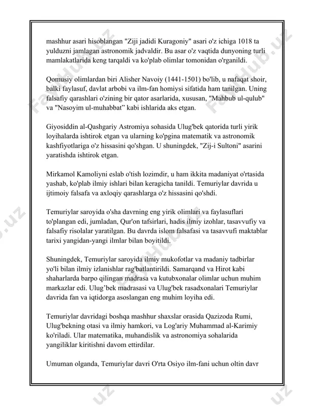 talabalar uchun ilmu ma'rifat maskani bo'lib xizmat qilgan. temuriylar davrida buxoroning me'moriy uslubi ham yuqori darajada rivojlangan. masalan, ismoil somoniy maqbarasi (ix-x asrlar) temuriylar davrida qayta rekonstruksiya qilingan va bu inshoot islom me'morchiligida yangi uslublarning kiritilishiga sabab bo'lgan. samarqand va buxoroda qog'oz ishlab chiqarish texnikasi ham rivojlangan edi. samarqand qog'ozi yuqori sifatli bo'lib, bu narsalar nafaqat o'rta osiyo madaniyatida, balki butun islom dunyosida keng tarqalgan. samarqand qog'ozi o'zining mustahkamligi va parlatilganligi bilan ajralib turgan va bu hududning jihatidan eng yuqori darajali mahsuloti kabilardan biri hisoblangan. shuningdek, temuriynoma yozuvi temuriylar davrining adabiy merosiga kiritilgan. "temur tuzuklari" nomi bilan mashhur bu asar temuriylar davlatining siyosiy, ijtimoiy va madaniy hayoti haqida ma'lumot beradi. tuzuklar fors tilida yozilgan bo'lib, keyinchalik boshqa tillarga ham tarjima qilingan. bu asar temur davrining qonun-qoidalari va tamoyillarini o'zida aks ettirdi. umuman olganda, samarqand va buxoroning temuriylar davridagi madaniyati faqatgina me'moriy inshootlar va yozma yodgorliklar bilan cheklanmagan. ular ilm-fan, adabiyot, …
