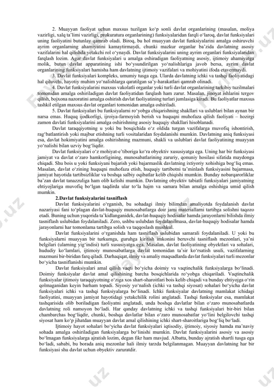 iyatiga xos asosiy yo‘nalishlar bo‘lib, ushbu yo‘nalishlar davlatning sinfiy va umuminsoniy mohiyati asosida o‘z aksini topadi va muayyanlashadi», deb qayd etadilar. z.m. islamov davlat funksiyalari – faoliyat yo‘nalishi, biroq hech qachon faoliyatining o‘zi emas, deb ta’kidlaydi1. biroq, oxirgi mulohaza nazariy jihatdan bahslidir. shunday qilib, yuridik adabiyotlarda «davlat funksiyasi» tushunchasiga oid yagona bir fikr hozirga shakllangani yo‘q. ammo tadqiqotchilarning barchasi davlat funksiyasi davlatning mohiyati, ijtimoiy maqsadi, vazifalarini belgilab beradi, degan fikrda yakdildirlar. davlat funksiyalari taraqqiyotning u yoki bu bosqichida jamiyat oldida turgan asosiy vazifalarga qarab belgilanadi va bu vazifalarni ro‘yobga chiqarishning vositasi sifatida namoyon bo‘ladi. davlat vazifalarining mazmuni esa, turli xil ichki va tashqi omillardan kelib chiqqan holda belgilanadi. masalan, mamlakat iqtisodiy hayotidagi tanglik hodisalari davlatning, uning barcha organlarining kuch-g‘ayratini iqtisodiy vazifalarni hal qilishga jalb etishni talab qiladi. jinoyatchilikning o‘sishi esa, davlatni jinoyatchilikka qarshi kurashni kuchaytirish, jinoyatchilikni keltirib chiqarayotgan sabablar va shart-sharoitlarni aniqlash hamda ularga barham berish yuzasidan o‘z vaqtida jiddiy …