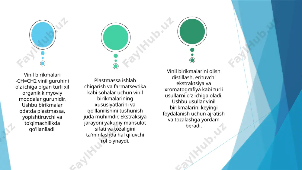 ning formulasi sn2=sn—or, murakkablarining formulasi sn,=sn— ocor, bu yerda r — alkil radikal (sn3, s2n. va h.k.); v. e.ning quyi gomologlari rangsiz suyuqlik, yuqori gomologlari esa qattiq moddalardir. suvda kam eriydi, organik erituvchilarga yaxshi aralashadi. sanoatda v.e. spirtlar va karbon kislotalarni kaliy gidroksid yoki kaliy alkogolyatlari ishtirokida atsetilen bilan vinillash usulida olinadi. v. e. polimerlar olishda monomer, alkid smolalar, polistirol i. ch.da modifikator, nitrotsellyuloza olishda plastifikator, organik sintezda yarim mahsulot, don mahsulotlarini uzoq muddat saqlashda biologik jarayon ingibitori sifatida qoʻllaniladi. adabiyotlar vinil birikmalarining ba'zi asosiy xususiyatlari ularning polimerlanish qobiliyatini, boshqa kimyoviy moddalarga nisbatan yuqori reaktivligini va turli molekulyar tuzilmalarni hosil qilishda moslashuvchanligini o'z ichiga oladi. ushbu xususiyatlarni tushunish ularni samarali qazib olish va ulardan foydalanish uchun juda muhimdir. vinil birikmalarini olish ularni distillash yoki xromatografiya kabi jarayonlar orqali aralashmaning boshqa tarkibiy qismlaridan ajratishni o'z ichiga oladi. ushbu birikmalar ishlab chiqarishda qimmatli bo'lgan noyob xususiyatlarga ega. harorat, bosim va erituvchining namunaga …
