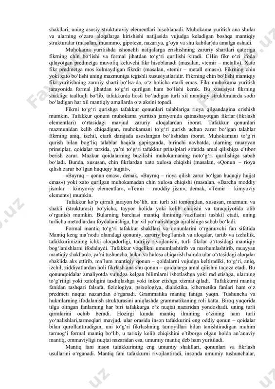 rni, bog‘lanish usullarini o‘rnatishni taqozo etadi. turli xil predmetlar fikrlash jarayonida o‘xshash va muhim belgilariga ko‘ra sinflarga birlashtiriladi va shu tariqa ularning mohiyatini tushunish, ularni xarakterlaydigan qonuniyatlarni bilish imkoniyati tug‘iladi. masalan, yuqorida keltirilgan «inson» tushunchasida barcha kishilar bitta mantiqiy sinfga birlashtirilib, ular o‘rtasidagi muhim bog‘lanishlar (masalan, ijtimoiy munosabatlar) bilib olinadi. tafakkur borliqni nafaqat bevosita, balki bilvosita tarzda ham aks ettira oladi. unda yangi bilimlar tajribaga har safar bevosita murojaat etmasdan, mavjud bilimlarga tayangan holda hosil qilishi mumkin. fikrlash bunda predmet va hodisalar o‘rtasidagi aloqadorlikka asoslanadi. masalan, bolaning xulq-atvoriga qarab uning qanday muhitda tarbiya olganligi haqida fikr yuritish mumkin. tafakkurning mazkur xususiyati, ayniqsa, xulosaviy fikr hosil qilishda aniq namoyon bo‘ladi. tafakkur insonning ijodiy faoliyatidan iborat. unda bilish jarayoni borliqda real analogiga ega bo‘lmagan narsalar – yuqori darajada ideallashgan ob’ektlar (masalan, absolyut qattiq jism, ideal gaz kabi tushunchalar)ni yaratish, turli xil formal sistemalarni qurish bilan kechadi. ular yordamida predmet va hodisalarning eng …