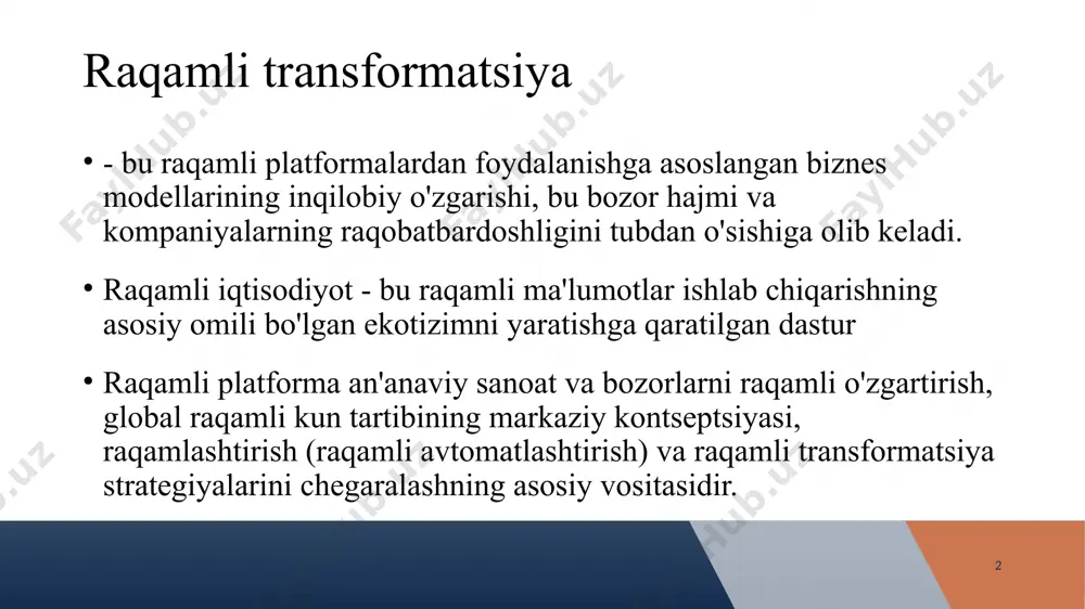 iy intellekt, katta ma’lumotlar, bulutli hisoblash texnologiyalari, bashoratli tahlillar, yangi aloqa standartlari va boshqalar. © presentationgo.com by: .com rivojlanish sanoat logistika savdo xizmat ko”rsatish ishlab chiqarish birlashmasi sanoat transformatsiyasi elementlari rivojlanish markazi raqamli fabrika raqamli ombor va aqlli transport elektron tijorat(b2b. b2c. “aqlli do’kon”) raqamli xizmat ko’rsatish © presentationgo.com by: .com texnika bozori raqamli loyihalashtirish va modellashtirish robototexnika kvant texnologiyasi bigdata element bazasi (protsessorlarni o'z ichiga olgan holda) datchiklar, sensorlar qo'shimcha texnologiyalar 3d superkompyuter texnologiyasi bulutli texnologiyalar sanoat tarmoqlari bozori foodnet oziq-ovqat va mahsulotlar yetkazib berish tizimi healshnet-telemeditsina avtonet-pilotsiz haydov tizimlari energynet-taqsimlangan energiya tizimlari aeronet-uua safenet-xavfsizlik tizimlari aqlli uylar internet+ sanoat-raqamli zavod , smart zavodi internet+ sanoat-smart resurslarni ishlab chiqish tizimlari © presentationgo.com by: .com smart thengs and smart product " (aqlli narsalar, aqlli mahsulot) "digital zavodi" "aqlli ishlab chiqarish" va "kelajak fabrikasi" (aqlli fabrika) smart infrastruktura aqlli transport va aqlli energitika smart transport and smart grid aqlli" shahar (smartsity) …