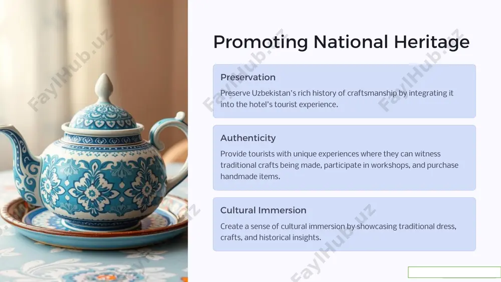 es that include workshops, craft shows, and opportunities to purchase locally made goods. this diversification enhances uzbekistan’s appeal as a destination offering more than just sightseeing. https://gamma.app/?utm_source=made-with-gamma boosting local economy and community involvement 1 empowering local artisans by training and employing local artisans, the project strengthens the local economy, creating jobs and entrepreneurial opportunities in rural areas. 2 sustainable economic growth the integration of craft tourism creates a sustainable tourism model that fosters long-term economic development by providing continuous employment to artisans and allowing tourists to contribute to the local economy. https://gamma.app/?utm_source=made-with-gamma personalized and unique tourist experiences tailored cultural workshops the project offers personalized workshops for tourists, making their stay at the hotel memorable and unique. they can craft their own souvenirs, learn new skills, and take part in storytelling sessions about uzbek culture and history. exclusive cultural events hosting cultural nights, traditional performances, and heritage exhibitions will give tourists …