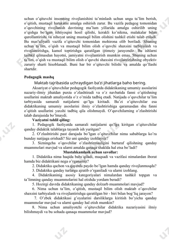 unyoni chuqurroq anglashga hamda o’zgartirishga yo’naltirilgan tabiat, jamiyat, inson tafakkuri va faoliyat usullari qonuniyatlari haqidagi ilmiy tushunchalarning yaxlit va tizimlangan majmuasidir. ta’lim jarayonida o’quvchilar bilimlar tizimini egallabgina qolmaydilar, balki bir qancha ko’nikma va malakalarni hosil qiladilar. kishida bilim qanchalik boy va muntazam tarzda olingan bo’lsa, uning kelajakda mustaqil bilim olish imkoniyati ham shuncha katta bo’ladi. (v.v.davidov va boshqalar) ko’nikmalar maktab o’quvchilarining olgan bilimlariga asoslanib (qo’yilgan vazifalar va shartlarga binoan) bajariladigan harakatlarning yig’indisidir. ko’nikma bilimlar kabi harakatda, kishi biror harakatga erishish uchun har xil faoliyat turida izchil bajariladigan uslublar tizimi kabi bilgilanadi. ko’nikmalarni kishi faoliyati turlariga ko’ra bir necha turlarga ajratib ko’rsatish mumkin. 1. o’quv faoliyatiga oid ko’nikmalar - bular o’qituvchini tinglash va eshitganini tushunish, uning ko’rsatmalariga qarab harakat qilish, kuzatish, idroki yo’naltirilgan narsalarni ko’ra olish: turli masalarni yecha olish; sanay, o’qiy, yoza olish va h.k. 2. nutqiy faoliyat ko’nikmalari - nutqni tinglash, uni tushunish, o’z fikrini aniq bayon qilish, leksik, …