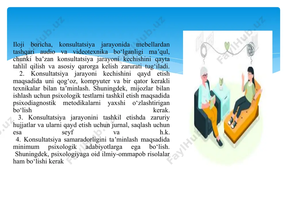 oladi va maslahatchining nochorligini aks ettiradi; bu hissiyotni anglashda va erkinlik darajasini oshiradi va mijoz bilan yanada samarali ishlashga imkon beradi; -xafagarchilik ("uning niyatlari jiddiy ko‘rinmaydi, ehtimol u meni ishlatadi"), bu ko‘pincha vaziyatni jiddiy qabul qilinmaganda yuzaga keladi va yoshlarda ko‘proq namoyon bo‘ladi; bundan tashqari bu holat, inson hissiyotlarning ahamiyati va kuchini pasaytirishi tabiiydir. - ziddiyat ("agar biror kishi biror narsani xohlasa, uni to‘xtatish huquqiga ega emas"), bu tanlov maslahatchi tomonidan amalga oshirilishi kerakligi sababli paydo bo‘ladi; ammo, mijoz tanlovga duch keladi, lekin maslahatchining tanlovi yo‘q. e’tiboringiz uchun rahmat! image2.jpeg image3.jpeg image4.jpeg image5.jpeg image6.jpeg /docprops/thumbnail.jpeg