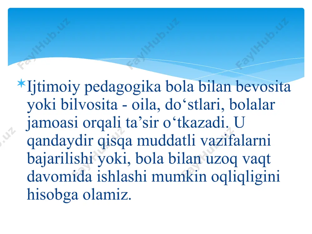 larga, tabiatga nisbatan uyg‘un munosabatda bo’lish imkoniyatini beradi. ta’limda metodologik hayot tajribasiga ziddiyatli holatlarda ijtimoiy moslashuv modelini ishlab chiqishni taqozo etadi: - ijtimoiy – shaxsiy hayot tajribasiga asoslangan muntazam davom etadigan jarayon hisoblanadi; - real vaziyatdan kelib chiqib, ziddiyatli holatlarida ijtimoiy moslashuv modelini ishlab chiqishni taqozo etadi; - mavjud amaldagi holatga doim moslashish jarayoni hisoblanadi; - shaxslararo aloqalarni qamrab oladi; - shaxsning shakllanish jarayonini yo’naltiradi. ijtimoiy ta’lim konsepsiyasi quyidagi g’oyat muhim prinsiplarini o’z ichiga oladi: u ayrim odamlarda ham, guruxda ham o’z kuchlariga ishonishni va ularga tayanishni rivojlantirishga qaratilgan; u xamjamiyatda, xamjamiyat bilan birgalikda va xamjamiyat uchun ta’limning variantliligi prinsiplari asosida (ya’ni uning ob’ektiv xilma – xilligini e’tirof etish va ushbu xilma – xillikni ta’lim amaliyotida ruyobga chiqarish asosida) amalga oshirilgan uzluksiz ta’limni qo’llab – quvvatlaydi; u xamjamiyatdagi odamlarning muammolari va ehtiyojlariga ta’lim jarayonining boshlang’ich nuqtasi deb munosabatda bo’ladi, shu sababli tug’ilayotgan ijtimoiy – iqtisodiy muammolarni mustaqil hal qilish maqsadida …