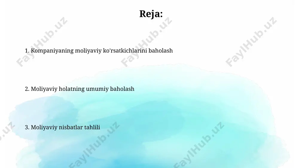 oizli qarzlarga nisbatan kamroq xavfli hisoblanadi. qarz yuklamasi nisbati, masalan, 0,8 bo'lsa, bu kompaniya aktivlarining 80% qarz hisobiga moliyalashtirilganligini ko'rsatadi va bu yuqori darajadagi moliyaviy xavfni anglatadi. investitsiyalar samaradorligi net present value (npv) ko'rsatkichi ijobiy qiymatga (masalan, +5 million so'm) ega bo'lsa, bu investitsiyaning kelajakdagi foydasi hozirgi qiymatini hisobga olgan holda rentabelligini tasdiqlaydi. investitsiyalar samaradorligini baholashda roi (return on investment) ko'rsatkichi 20% dan yuqori bo'lishi, loyihaning yuqori rentabelligini va investitsiyalar samaradorligini ko'rsatadi. balans tahlili баланс таҳлилида ўз капиталининг жами активларга нисбати (ўз капитали коэффициенти) 50% дан юқори бўлса, компаниянинг молиявий барқарорлиги юқори деб баҳоланади. баланс таҳлилида активлар ва пассивларнинг ўзаро нисбати, масалан, 2:1 нисбатидаги юқори активлик коэффициенти, компаниянинг ликвидлилигини кўрсатади. likvidlik ko'rsatkichlari pul mablag'lari va qisqa muddatli qimmatli qog'ozlarning umumiy aktivlarga nisbati (cash ratio) 0,2 dan past bo'lsa, kompaniya zudlik bilan to'lovlarni amalga oshirishda qiyinchiliklarga duch kelishi mumkin. тезлик коэффициенти (current ratio) 2 dan kam bo'lsa, kompaniyaning qisqa muddatli majburiyatlarini …